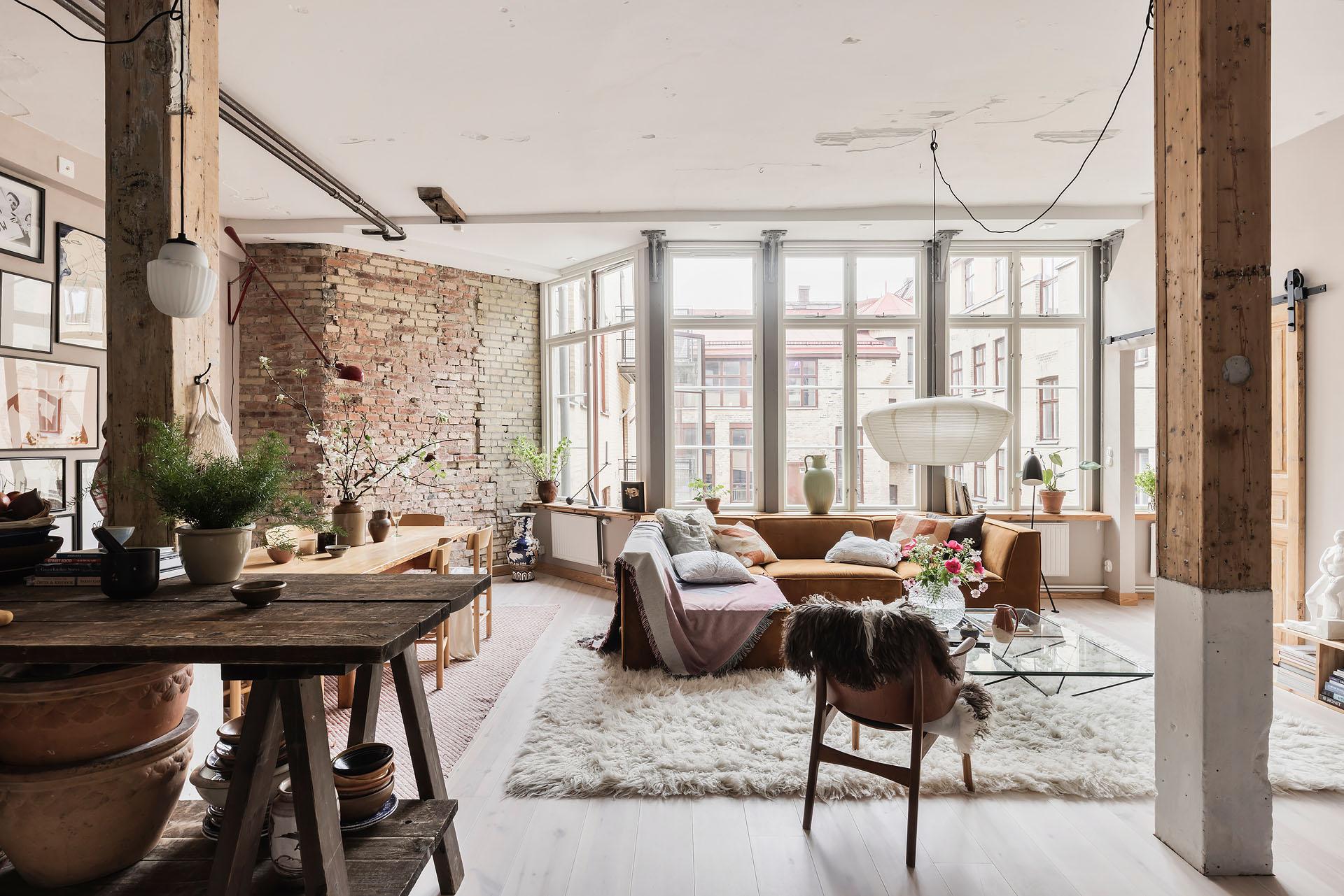 living room with bricks and beams 80sqm apartment Scandinavian decor living room with bricks and beams 80sqm apartment Scandinavian decor