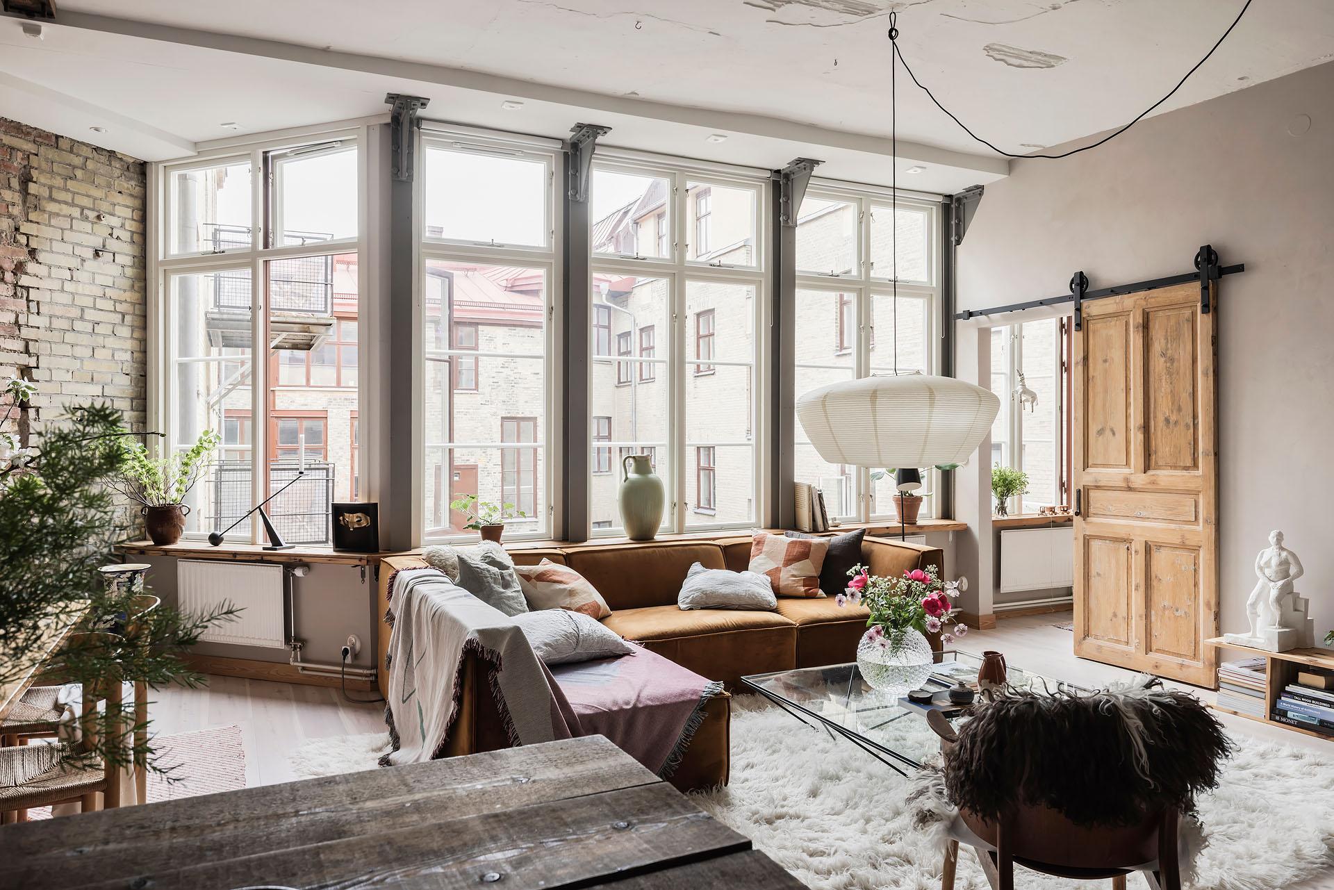 living room with bricks and beams 80sqm apartment Scandinavian decor living room with bricks and beams 80sqm apartment Scandinavian decor
