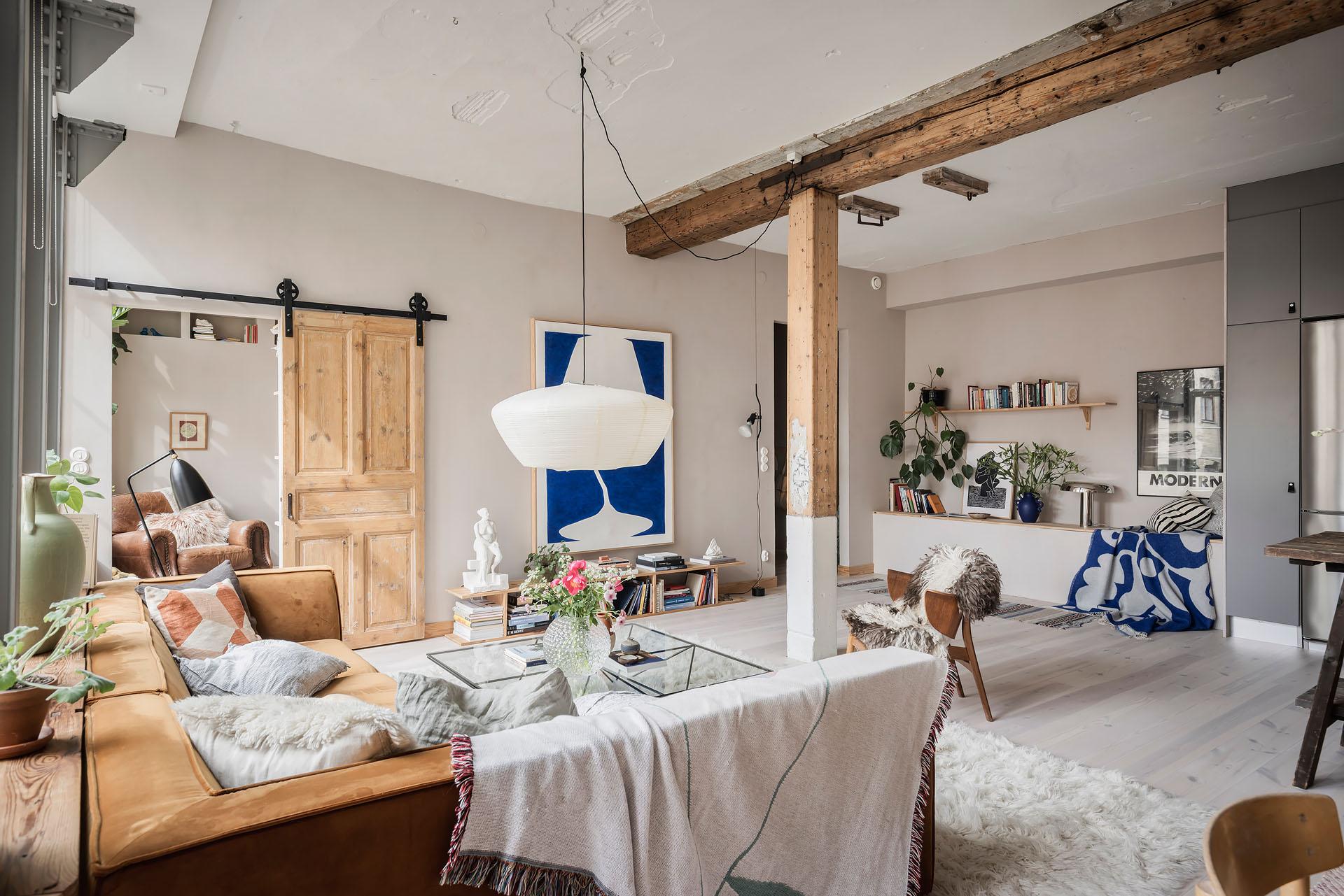 living room with old beams 80sqm apartment Scandinavian decor living room with old beams 80sqm apartment Scandinavian decor