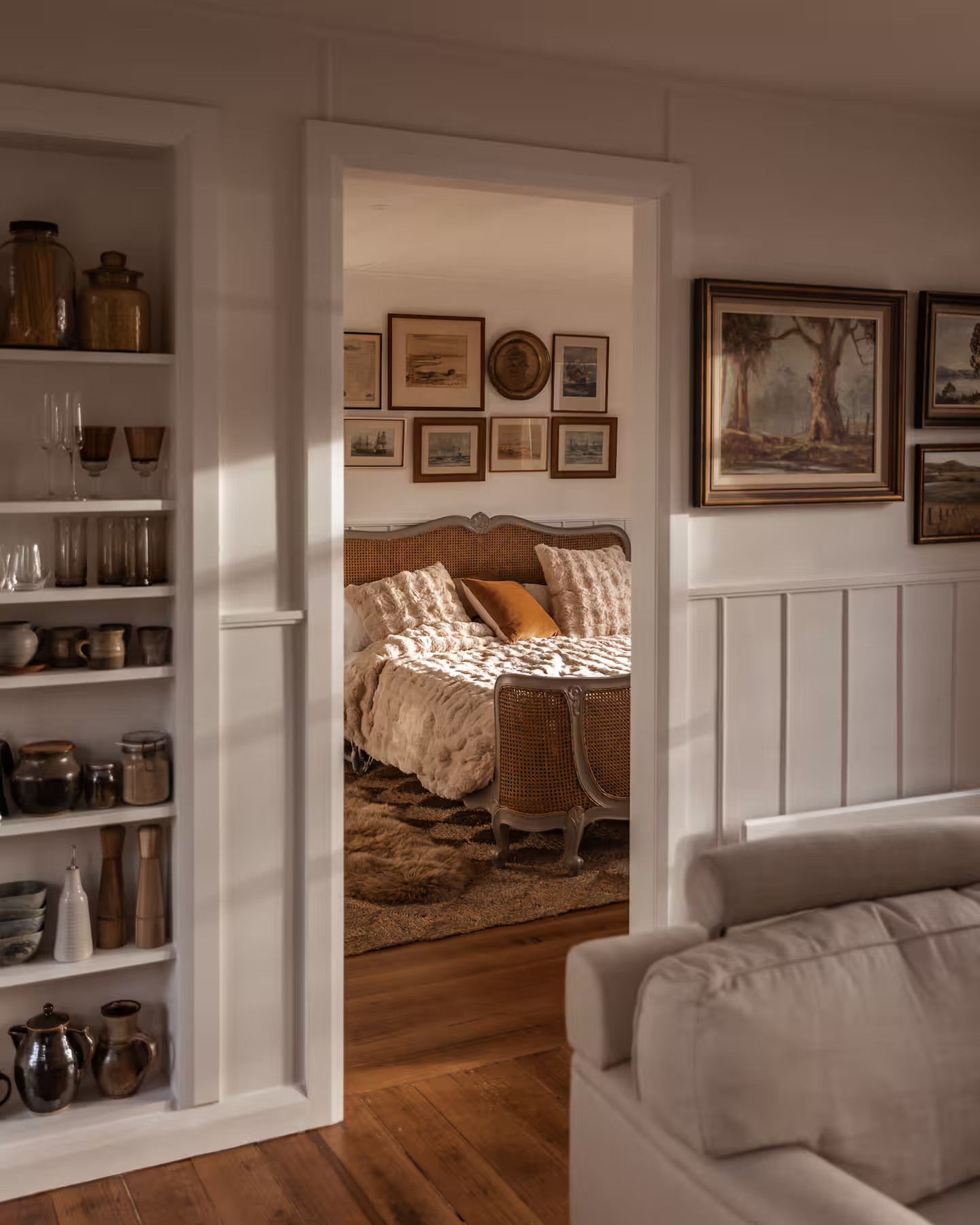 bedroom and living room rustic chic decor renovated 1960 cabin The Songbird Tasmania