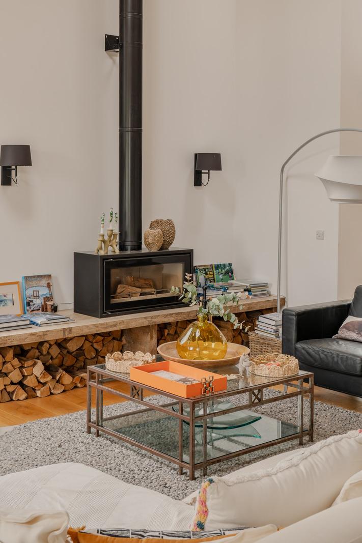 double height living room contemporary decor with stove
