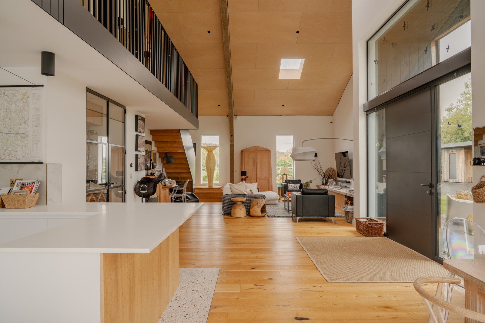 kitchen and double height living room contemporary decor converted barn in England
