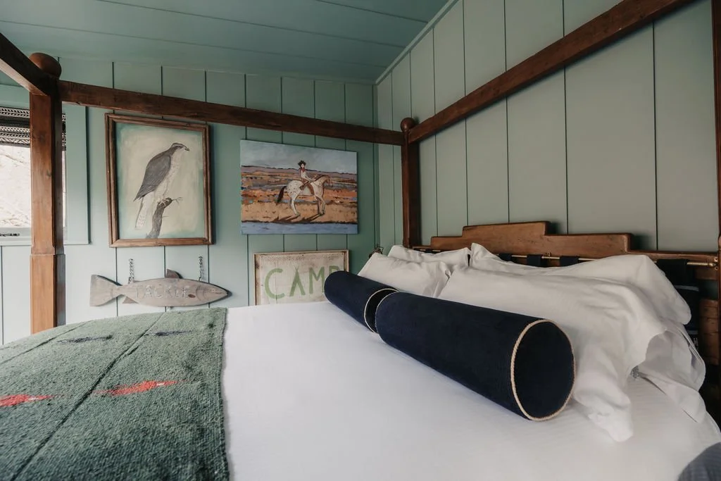 bedroom with four-poster bed dark rustic chic decor small English cottage UKAI by HÁM Interiors