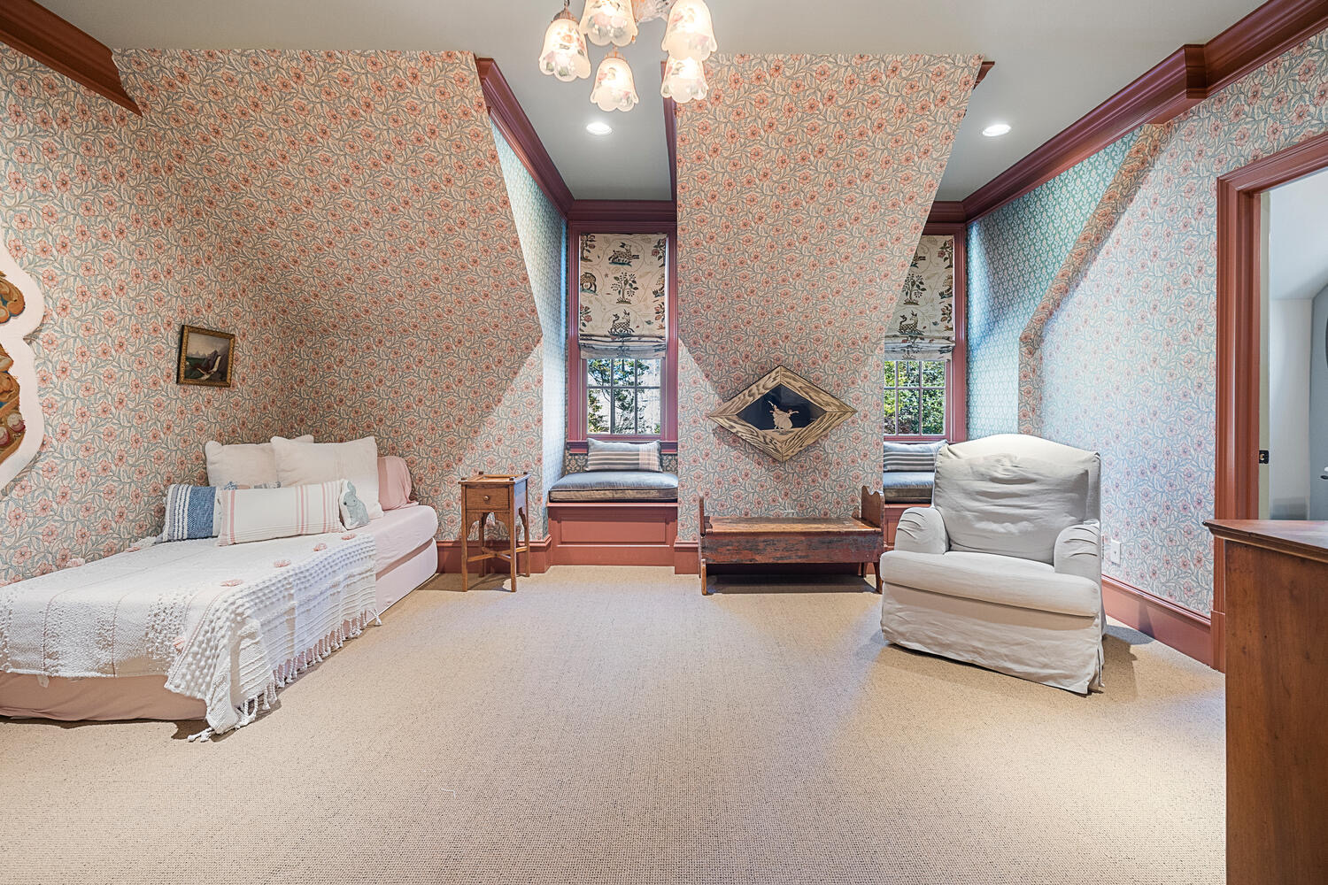 attic bedroom with beams and wallpaper american maximalist decor attic bedroom with beams and wallpaper american maximalist decor