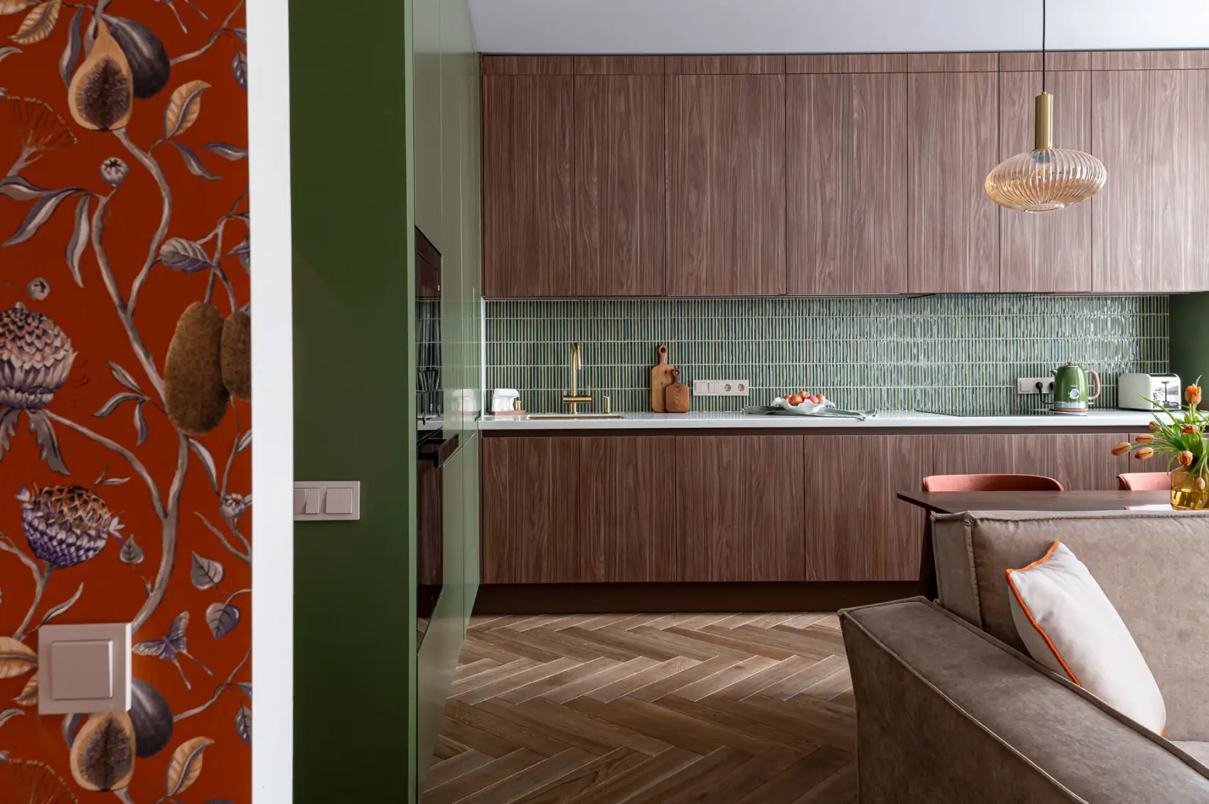 open walnut designer kitchen in living room 61sqm two-room apartement contemporary decor open walnut designer kitchen in living room 61sqm two-room apartement contemporary decor
