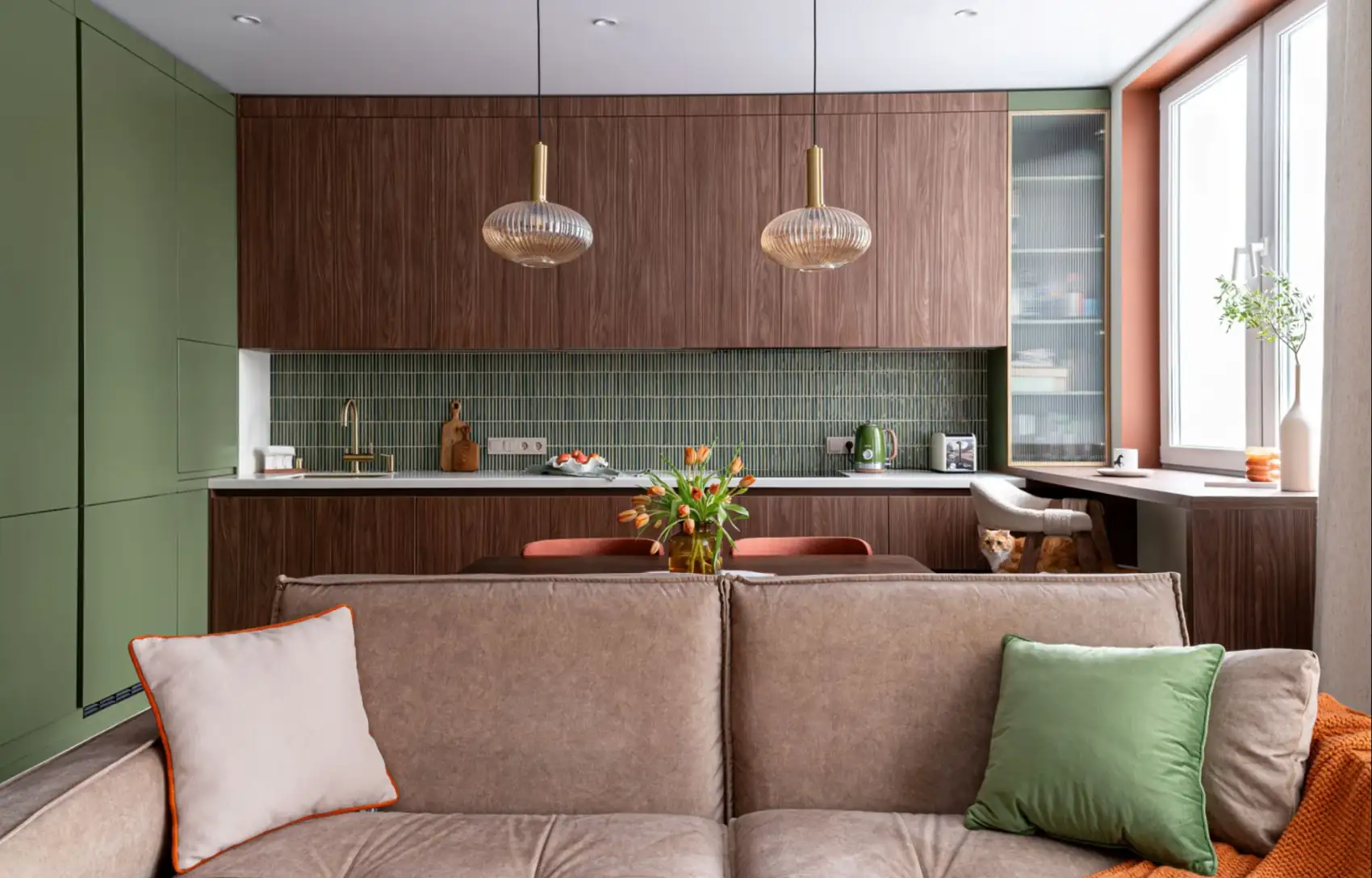 open walnut green tiles designer kitchen in living room 61sqm two-room apartement contemporary decor open walnut green tiles designer kitchen in living room 61sqm two-room apartement contemporary decor