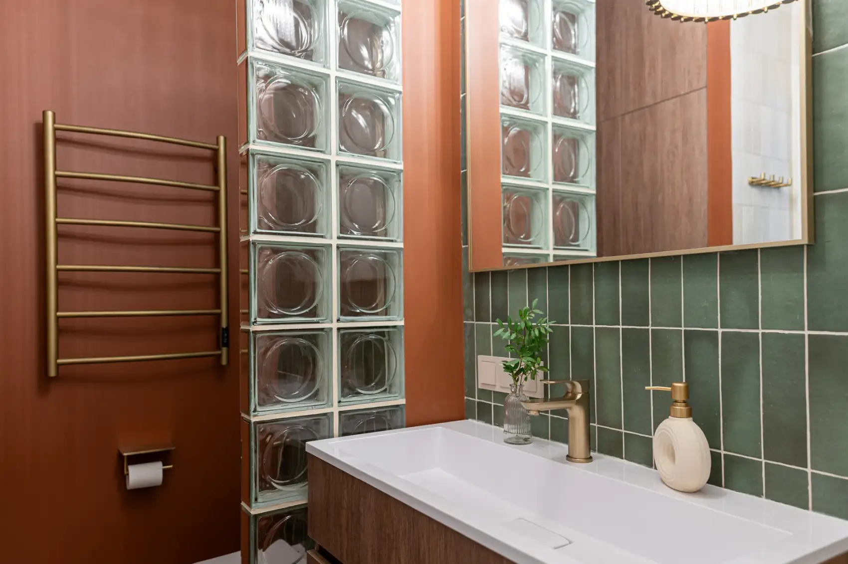 orange and green bathroom with glass blocks orange and green bathroom with glass blocks