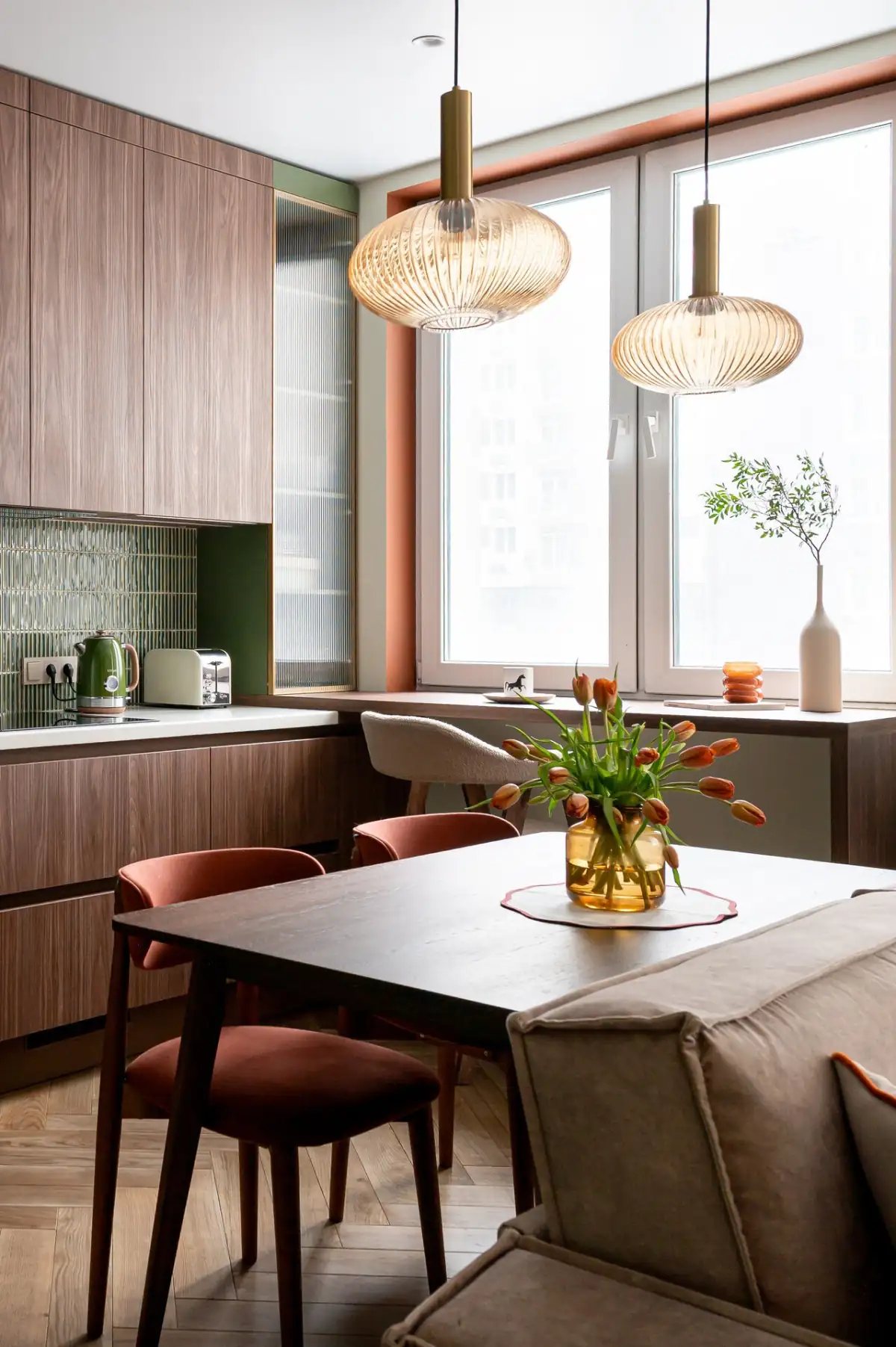open walnut green tiles designer kitchen and dining room 61sqm two-room apartement contemporary decor open walnut green tiles designer kitchen and dining room 61sqm two-room apartement contemporary decor