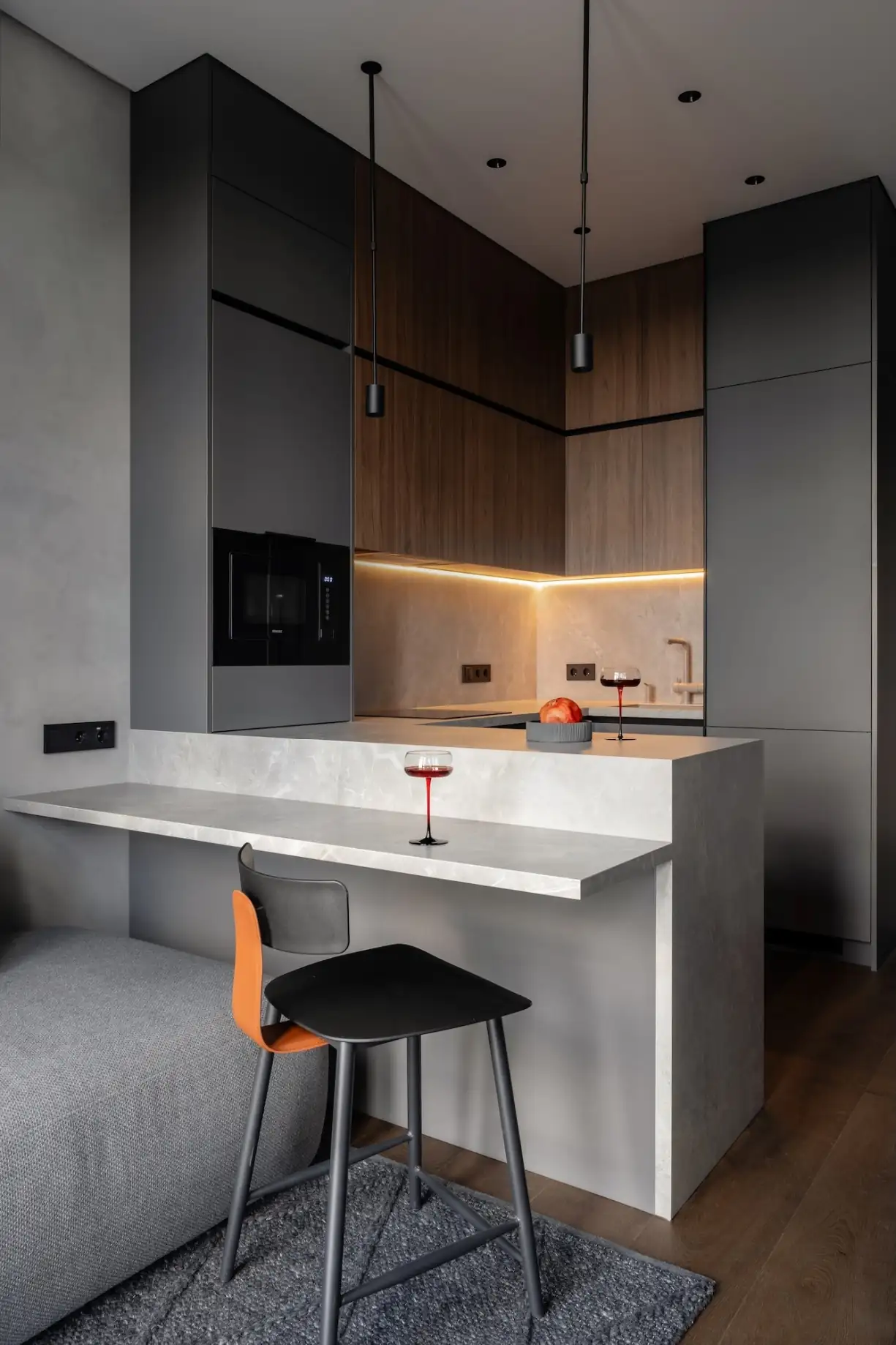 cuisine ouverte décoration design grise studio 30m2