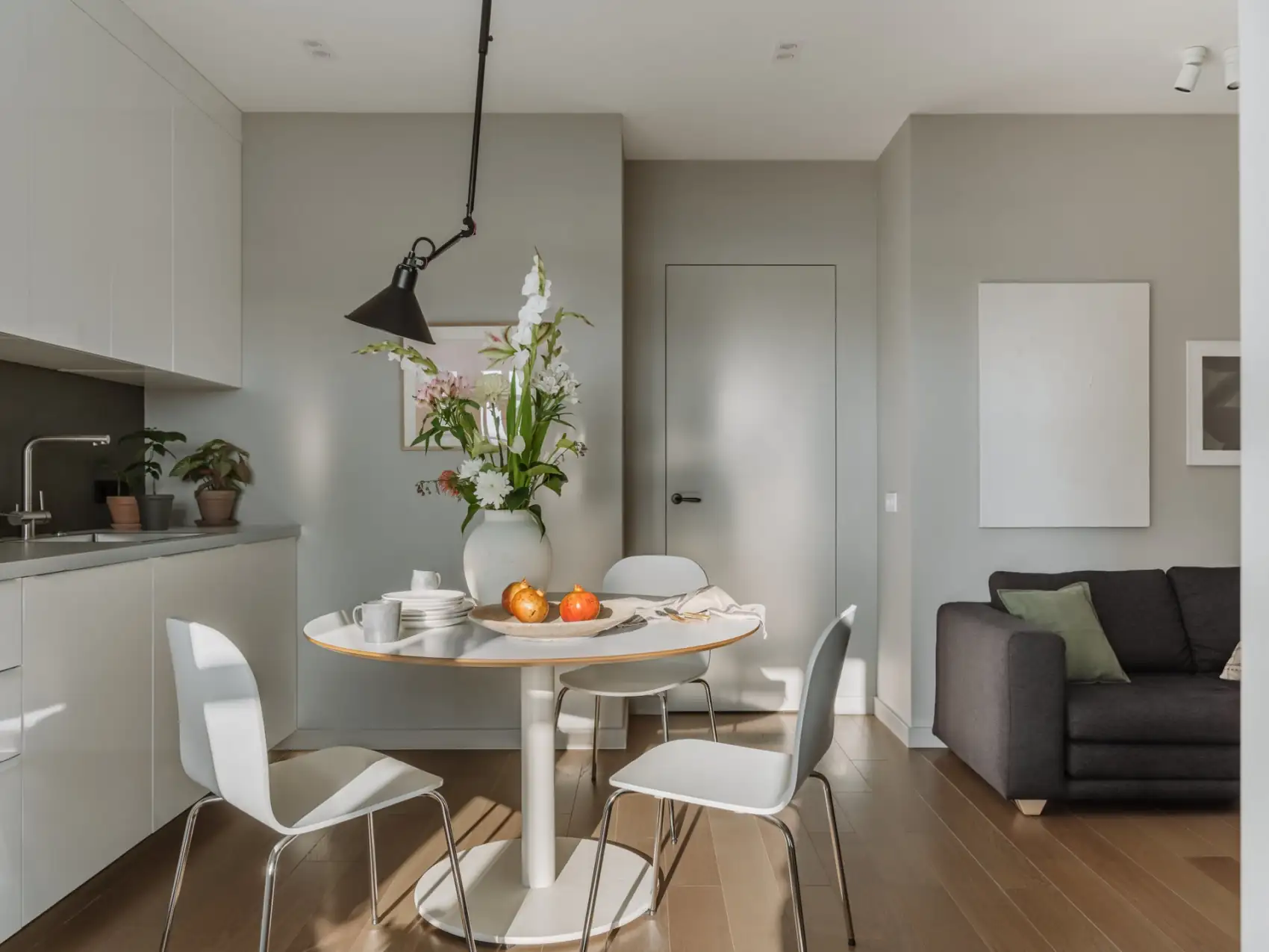 cuisine et salon dans ancien studio de 35m2 transformé en deux-pièces décoration contemporaine