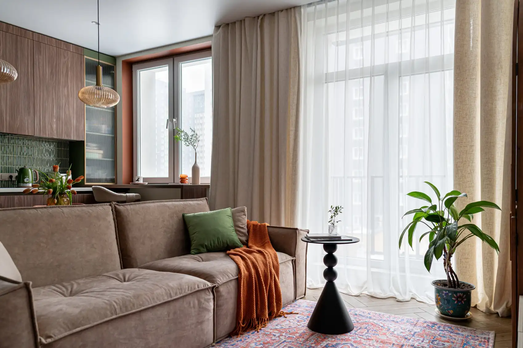 open walnut green tiles designer kitchen in living room 61sqm two-room apartement contemporary decor open walnut green tiles designer kitchen in living room 61sqm two-room apartement contemporary decor
