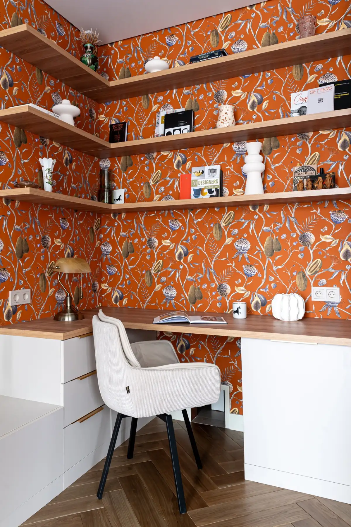 home office with orange botanical wallpaper home office with orange botanical wallpaper