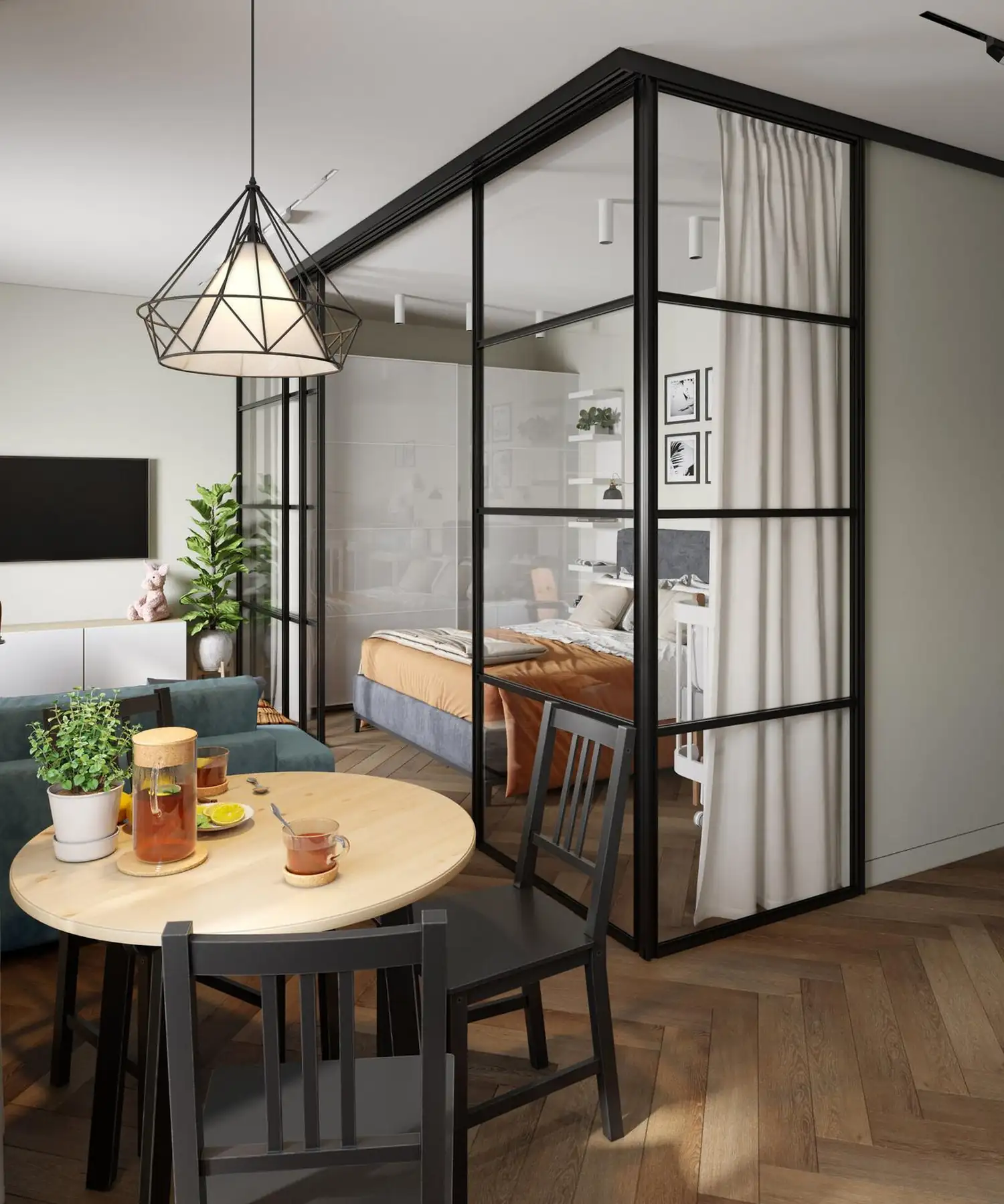 living room and bedroom with a glass partition 43sqm apartment living room and bedroom with a glass partition 43sqm apartment