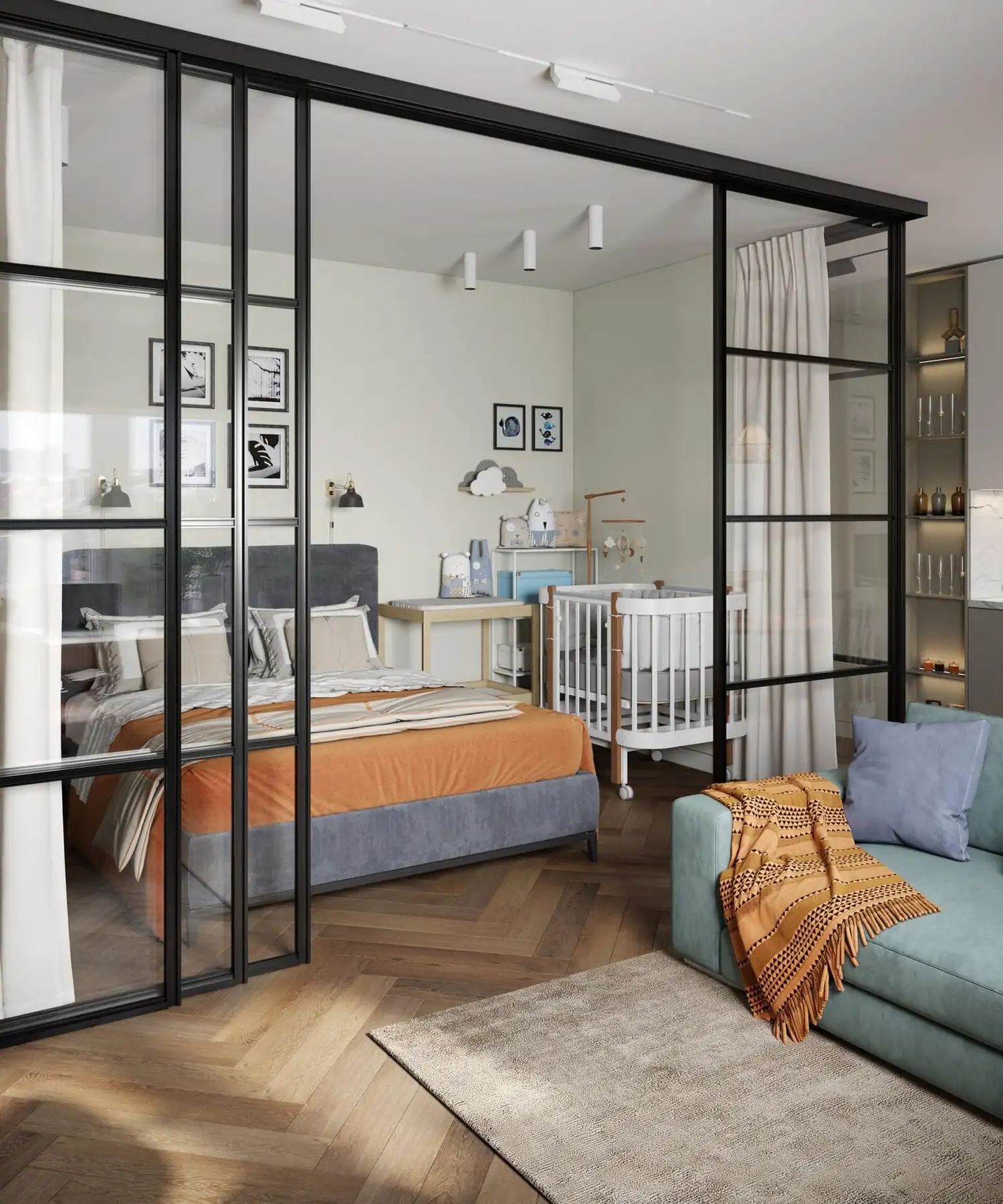 living room and bedroom with a glass partition 43sqm apartment living room and bedroom with a glass partition 43sqm apartment