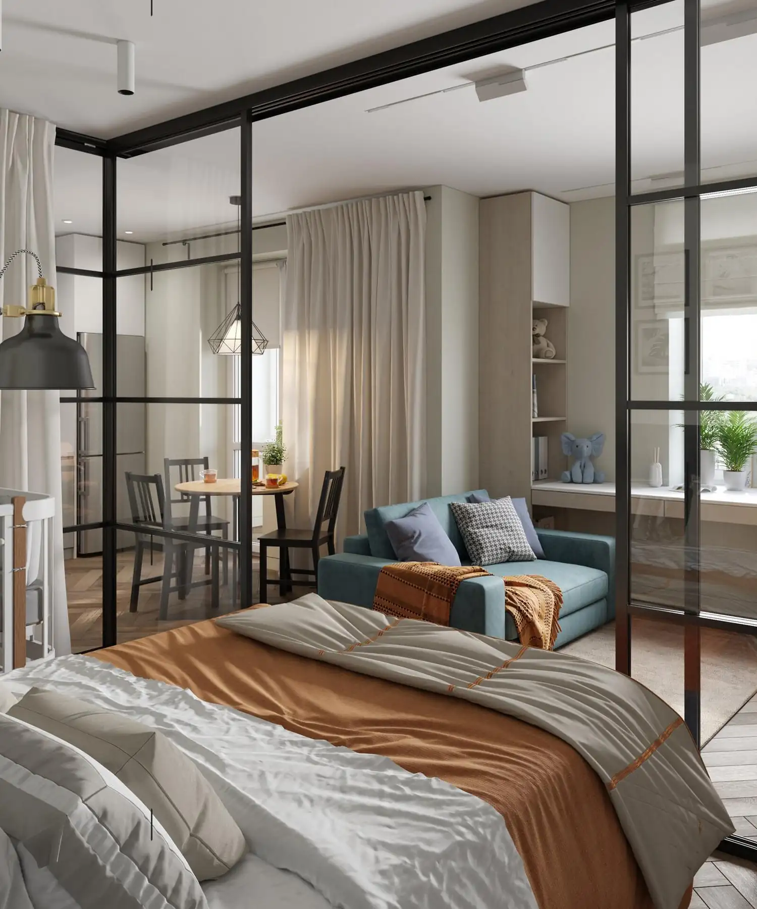 open kitchen living room and bedroom with a glass partition 43sqm apartment open kitchen living room and bedroom with a glass partition 43sqm apartment