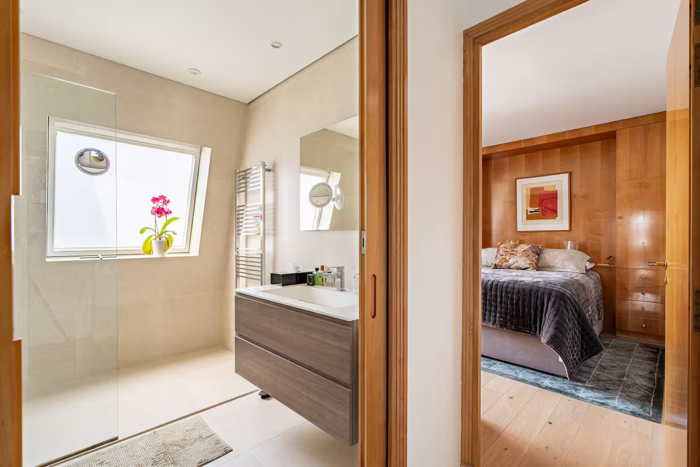 bathroom and bedroom contemporary decor apartment Paris with rooftop and view on the Eiffel tower bathroom and bedroom contemporary decor apartment Paris with rooftop and view on the Eiffel tower