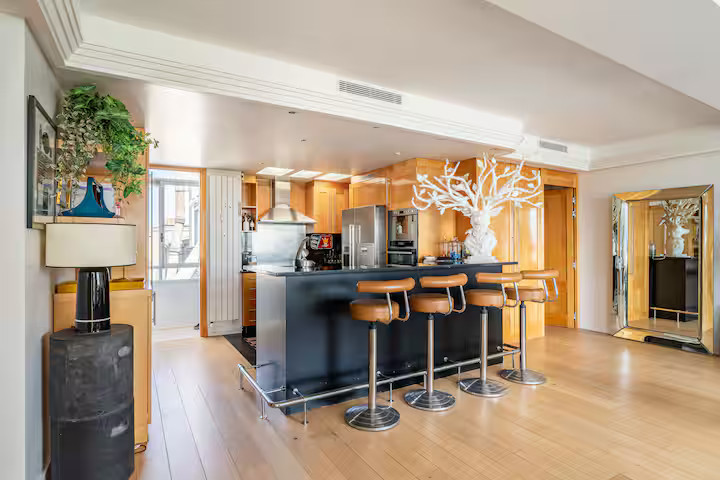 open kitchen contemporary decor apartment Paris with rooftop and view on the Eiffel tower open kitchen contemporary decor apartment Paris with rooftop and view on the Eiffel tower