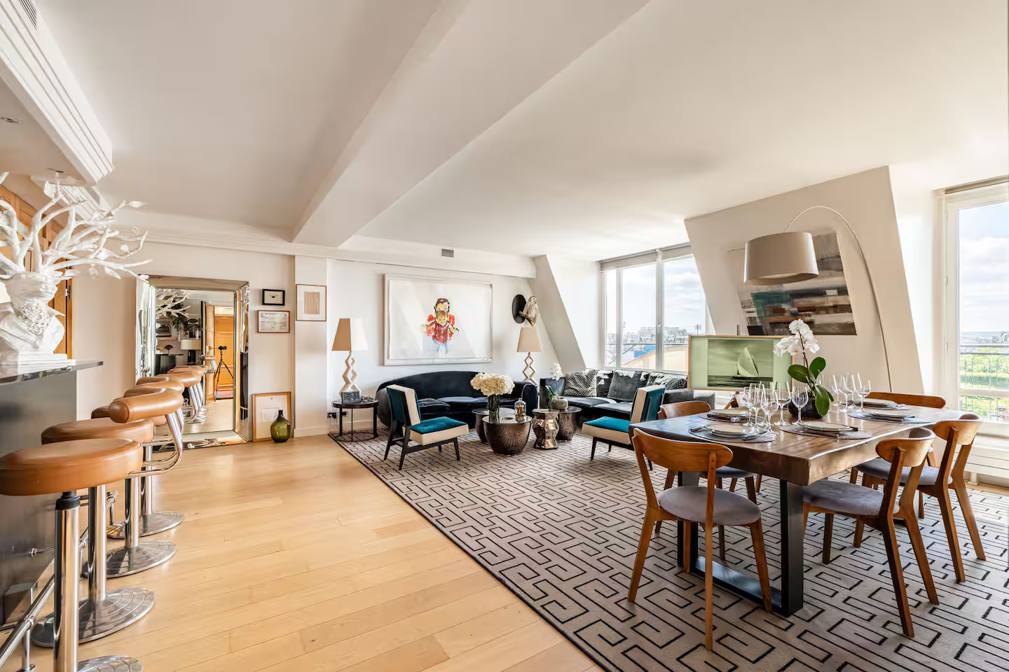 living room with open kitchen contemporary decor apartment Paris with rooftop and view on the Eiffel tower living room with open kitchen contemporary decor apartment Paris with rooftop and view on the Eiffel tower