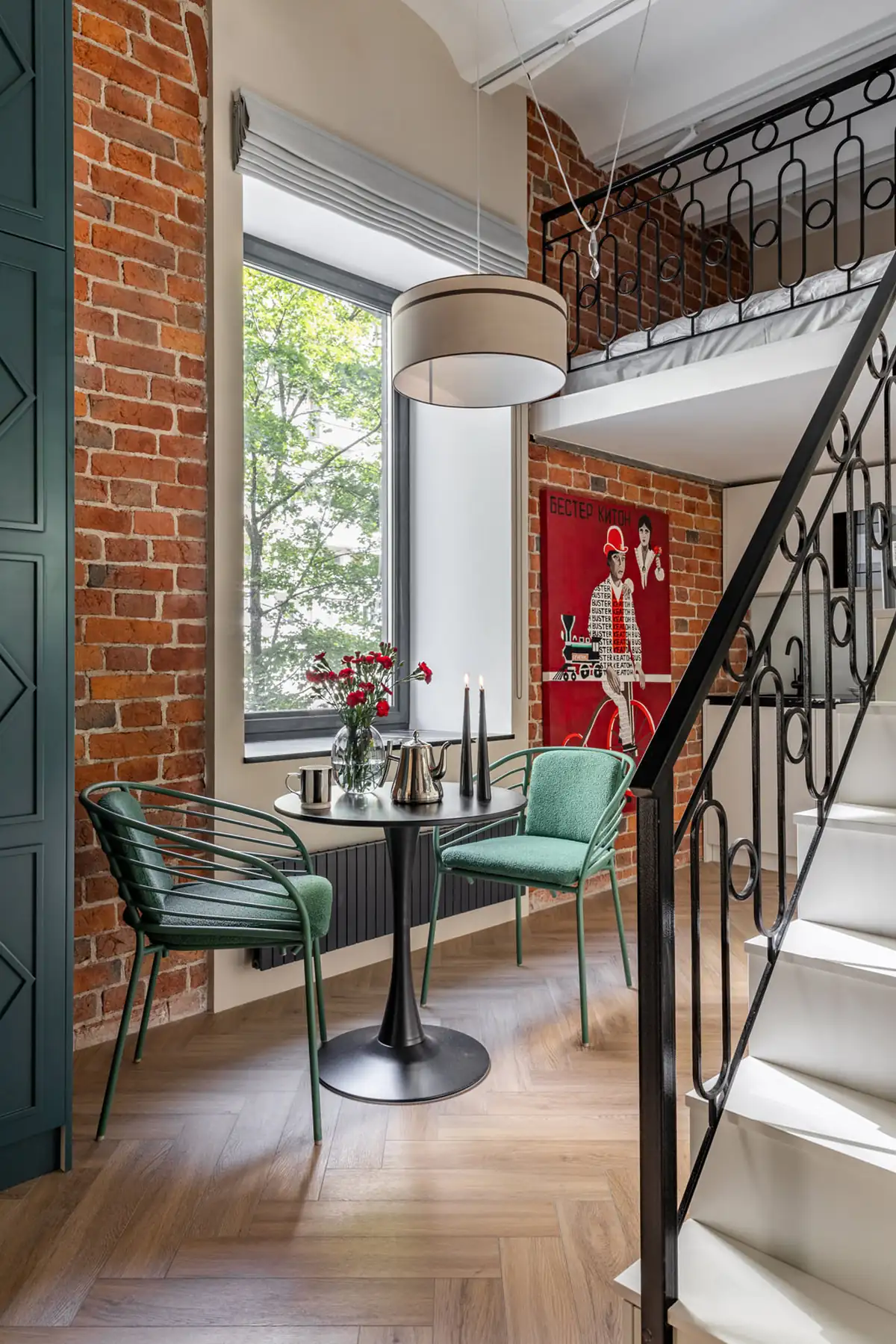kitchen with stairs 23sqm and mezzanine studio flat contemporary decor