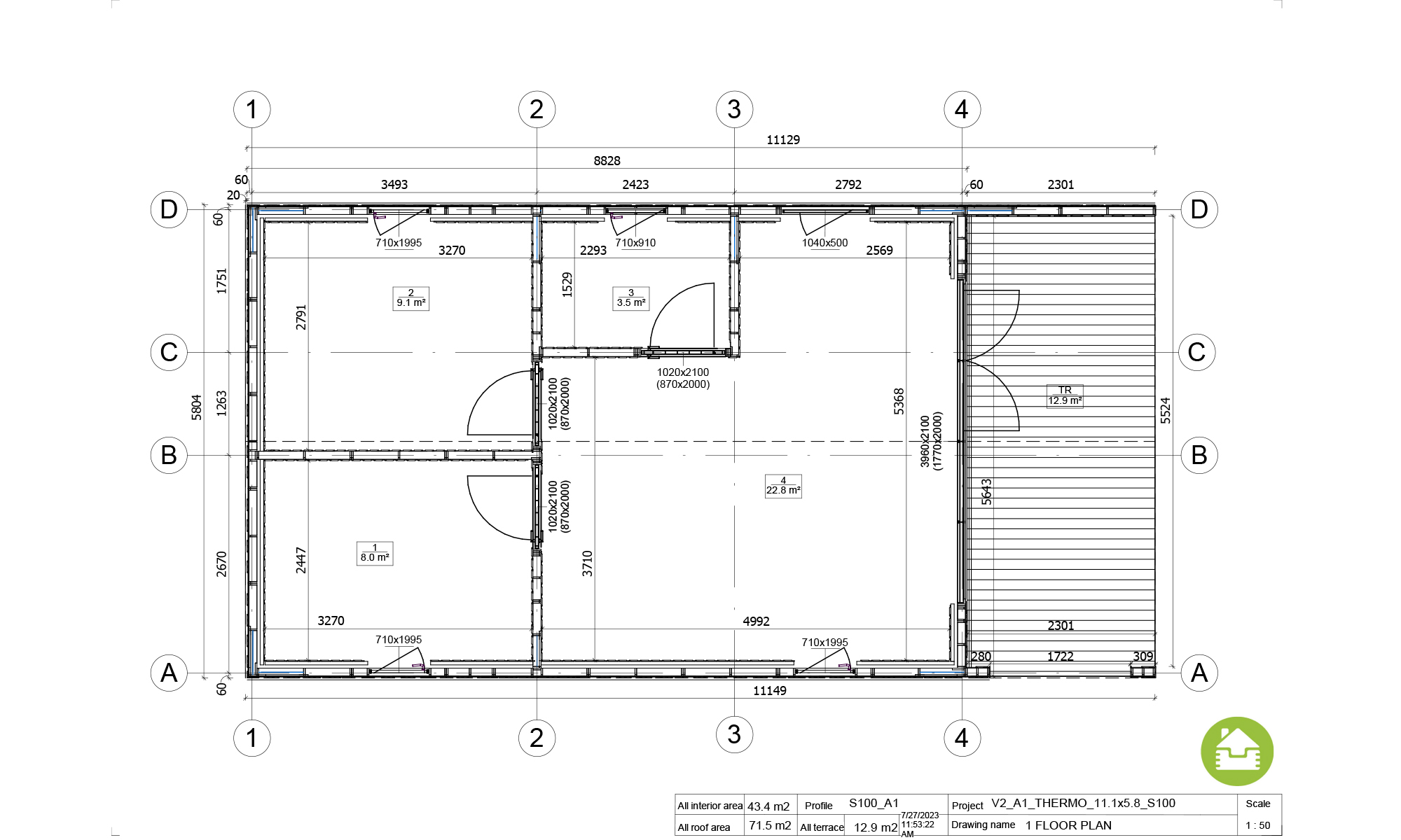 plan 2D petite maison 44m2 préfabriquée kit RE2020 avec permis de construire ROANNE V2_A2 Chalet Pro