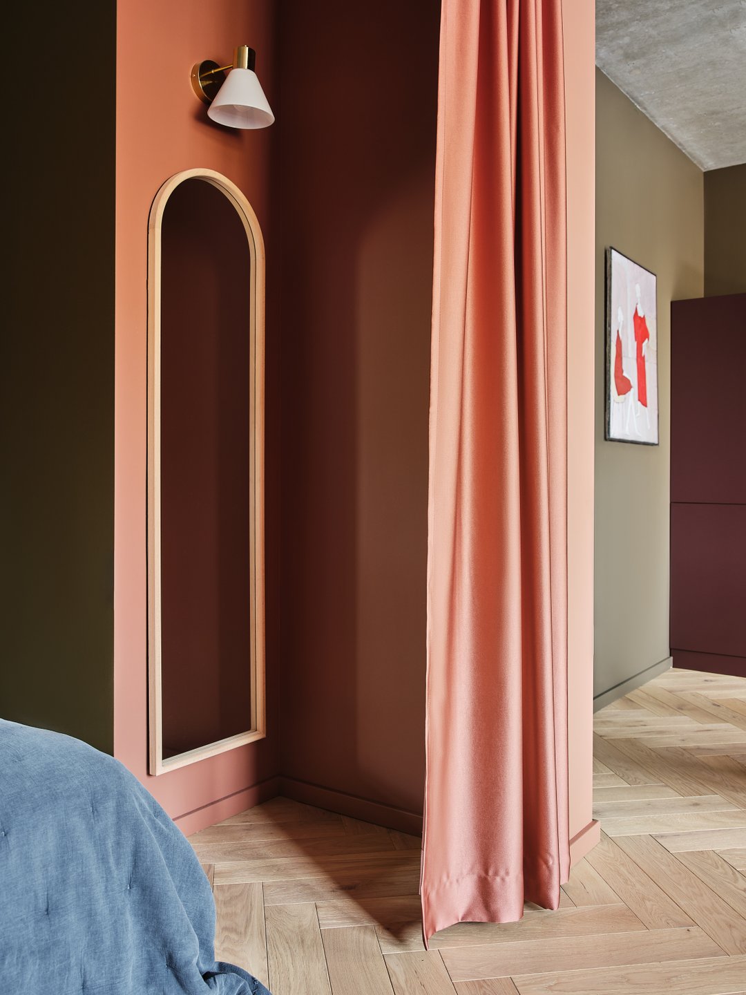 open bedroom hidden with a curtain colored contemporary decor