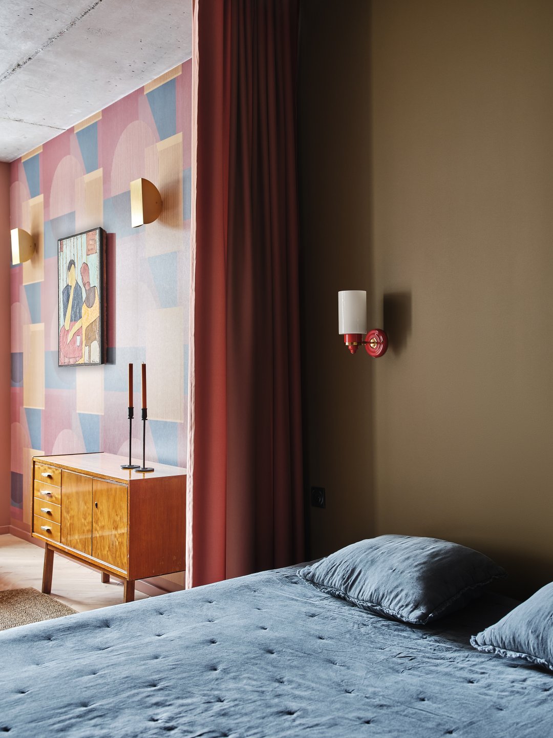 open bedroom hidden with a curtain colored contemporary decor