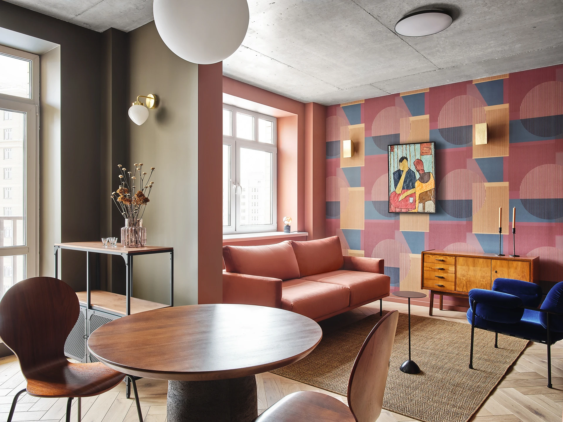 living room and dining room 40sqm apartment colored contemporary decor