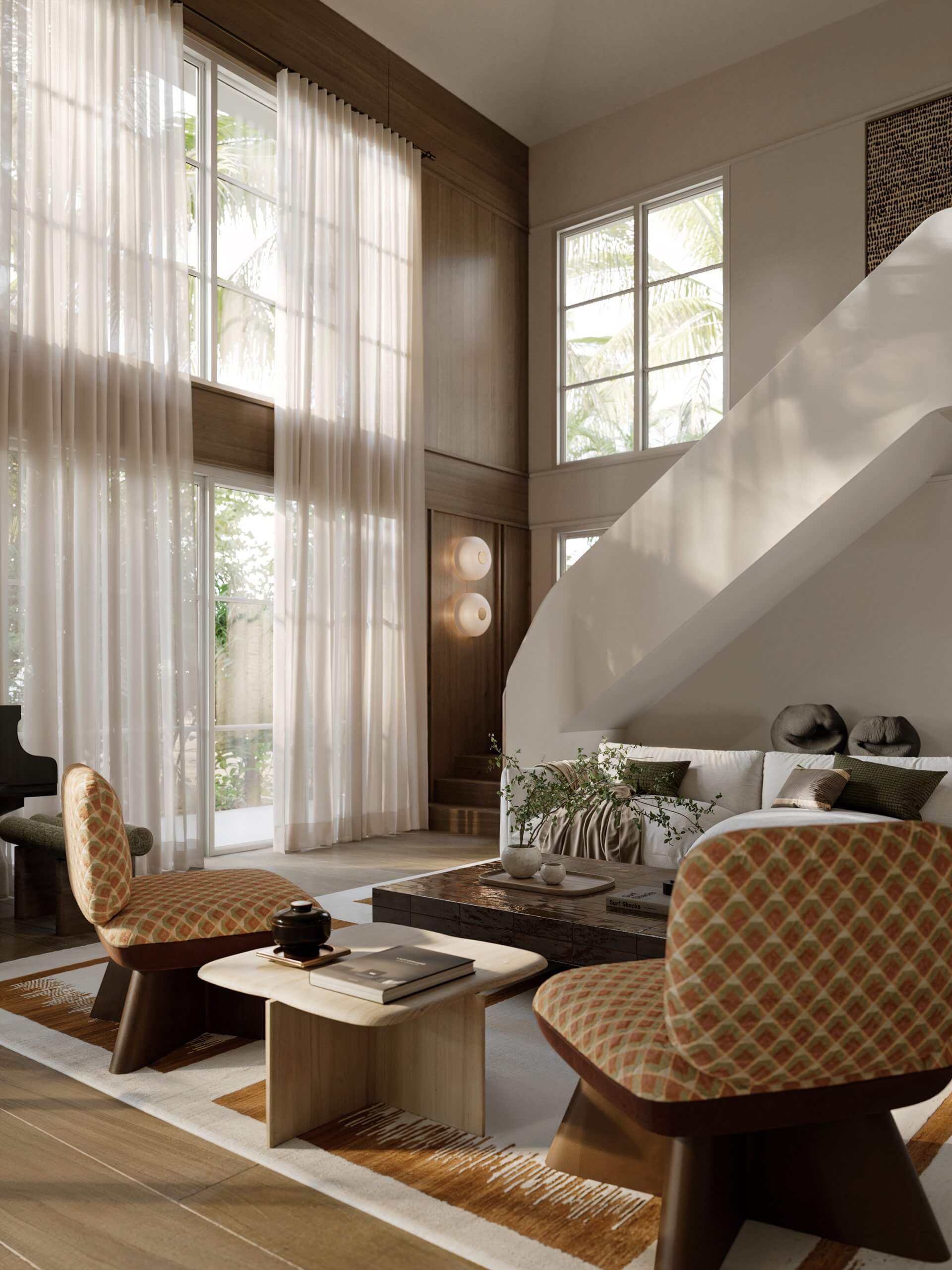 double height living room contemporary decor with designer staircase double height living room contemporary decor with designer staircase