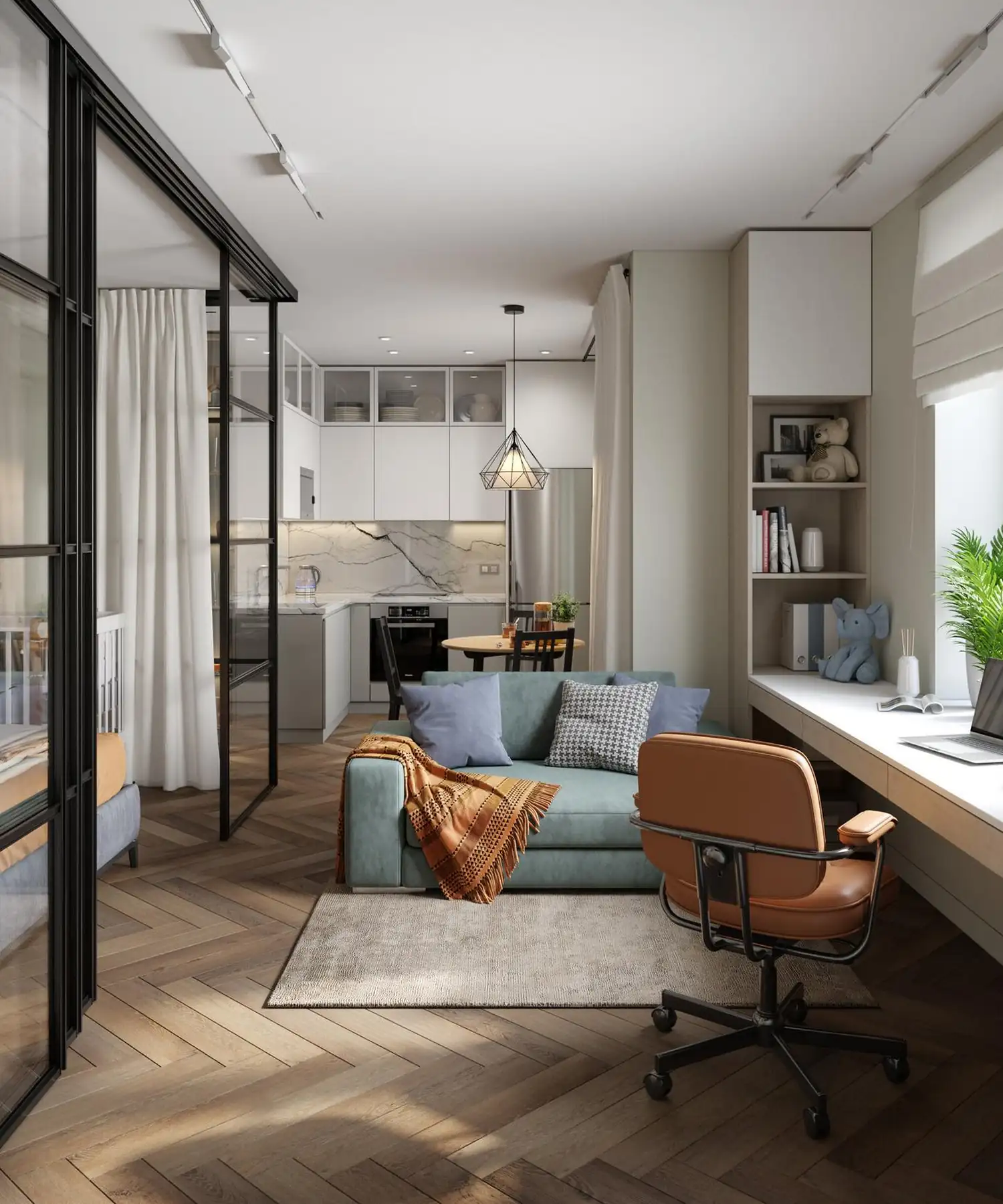 open kitchen living room and bedroom with a glass partition 43sqm apartment open kitchen living room and bedroom with a glass partition 43sqm apartment