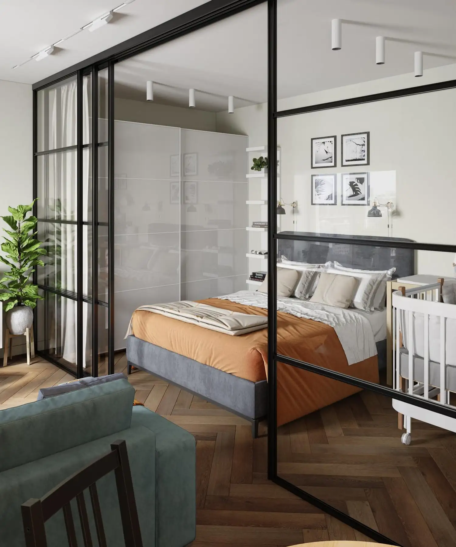 living room and bedroom with a glass partition 43sqm apartment living room and bedroom with a glass partition 43sqm apartment