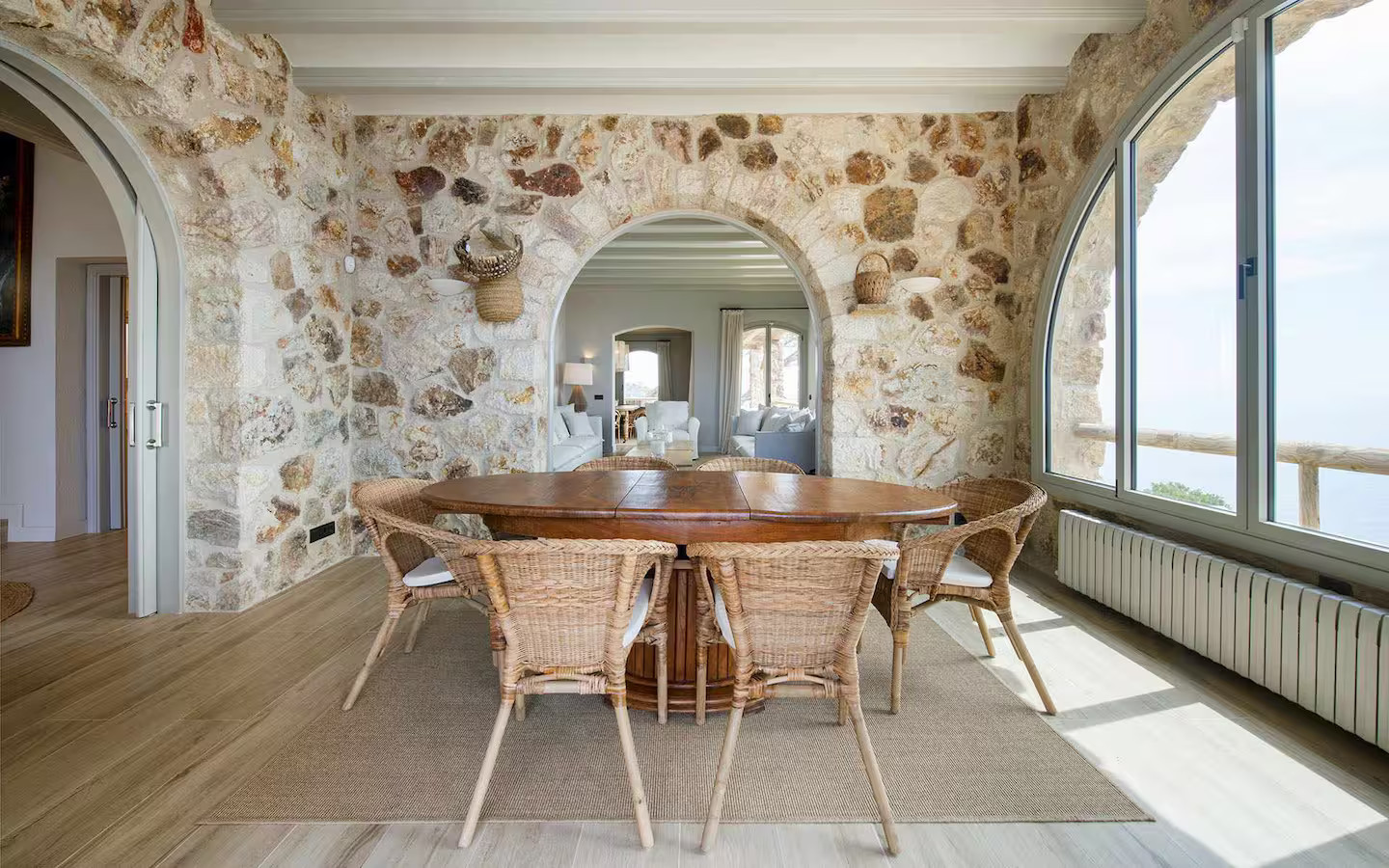 dining room stone walls stone house with pool contemporary decor Villa Sant Jaume Tossa de Mar Costa Brava Spain dining room stone walls stone house with pool contemporary decor Villa Sant Jaume Tossa de Mar Costa Brava Spain