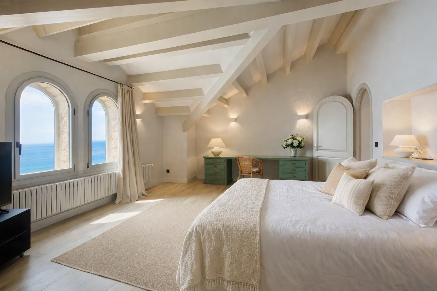 bedroom with beams stone house with pool contemporary decor Villa Sant Jaume Tossa de Mar Costa Brava Spain bedroom with beams stone house with pool contemporary decor Villa Sant Jaume Tossa de Mar Costa Brava Spain