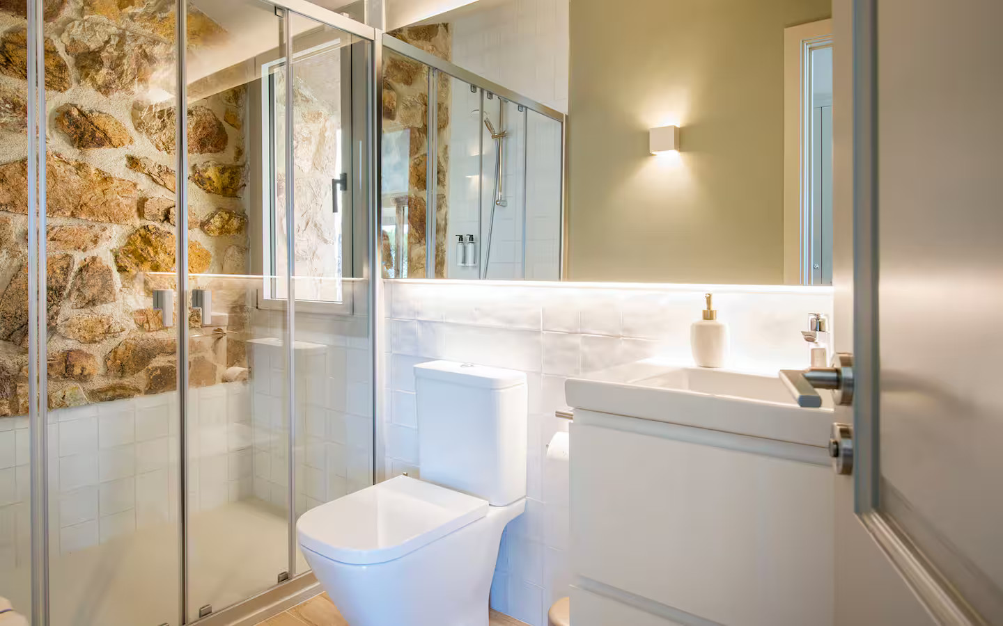stone walls in bathroom stone house with pool contemporary decor Villa Sant Jaume Tossa de Mar Costa Brava Spain stone walls in bathroom stone house with pool contemporary decor Villa Sant Jaume Tossa de Mar Costa Brava Spain
