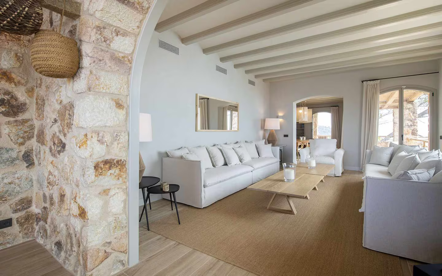 living room stone walls stone house with pool contemporary decor Villa Sant Jaume Tossa de Mar Costa Brava Spain living room stone walls stone house with pool contemporary decor Villa Sant Jaume Tossa de Mar Costa Brava Spain