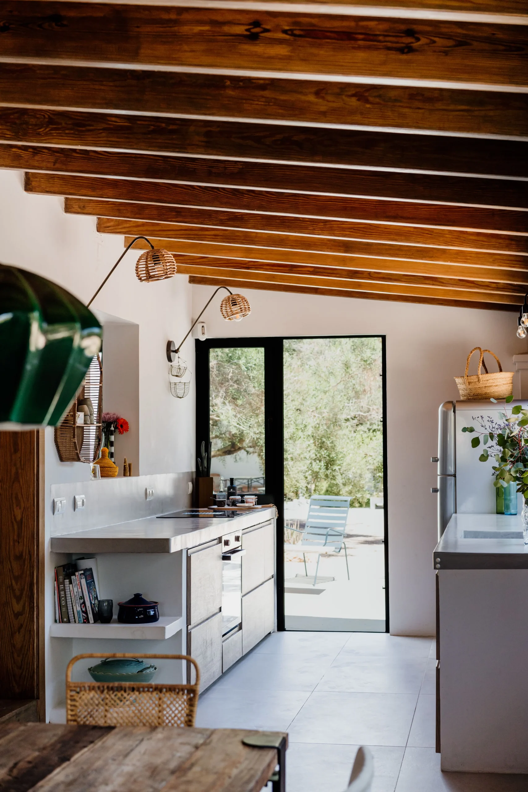 kitchen with retro Smeg fridge and beams vintage decor house in Ibiza kitchen with retro Smeg fridge and beams vintage decor house in Ibiza