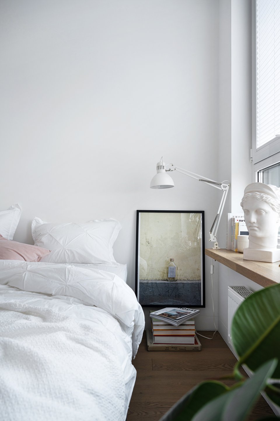 white minimalist bedroom contemporary decor 50sqm apartment of a designer