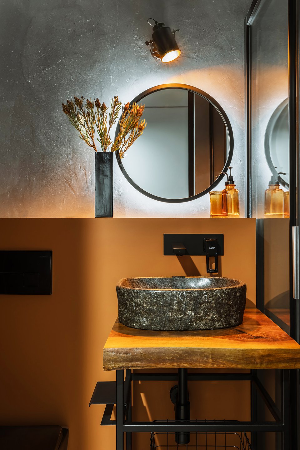 orange bathroom 60sqm apartment contemporary decor