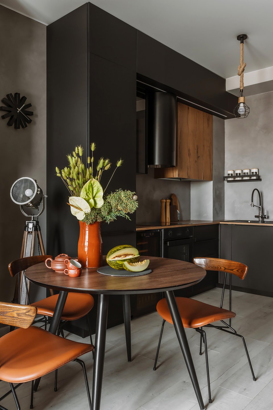 dining room and open gray kitchen 60sqm apartment contemporary decor