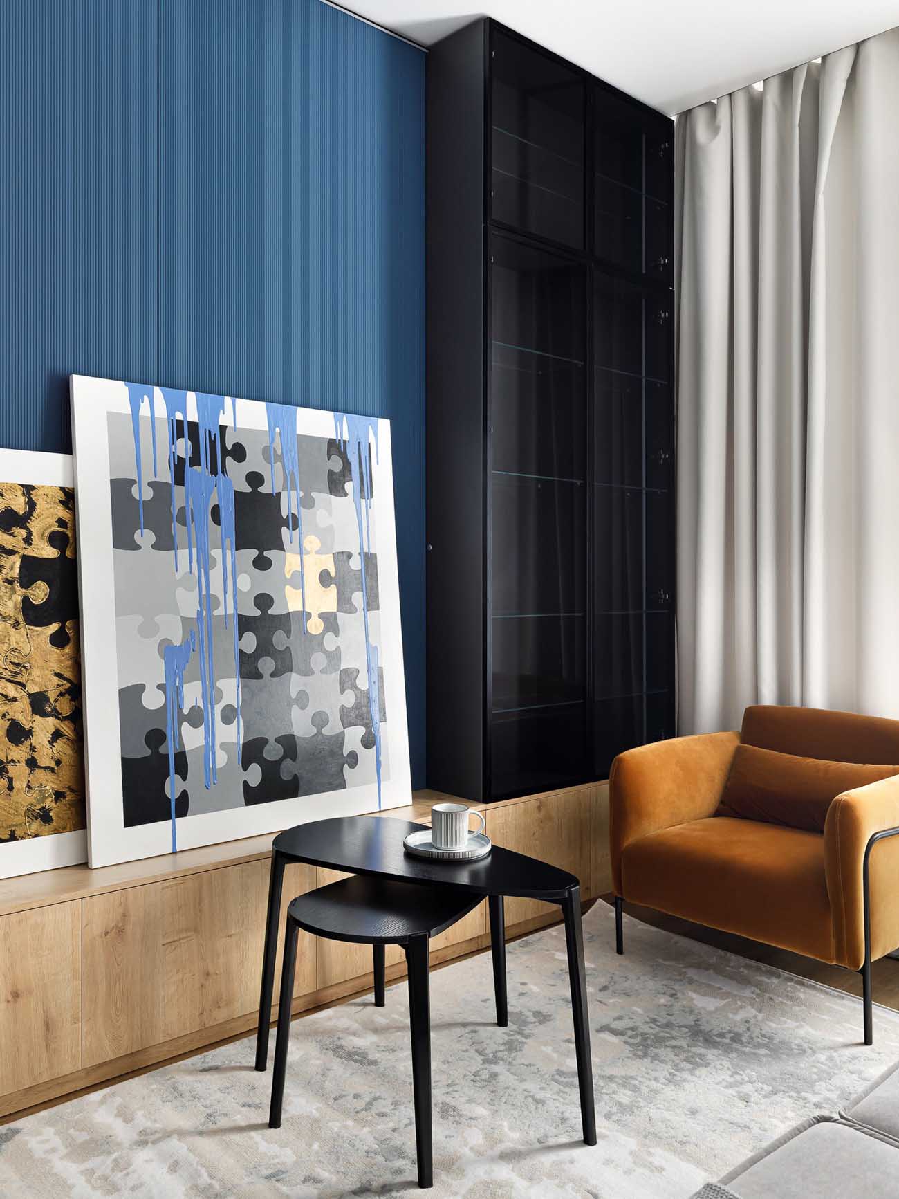 living room with blue wall contemporary decor 57sqm apartment