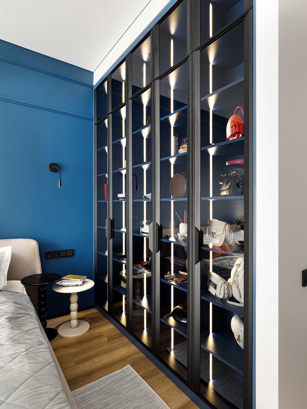 bedroom with blue wall contemporary decor 57sqm apartment