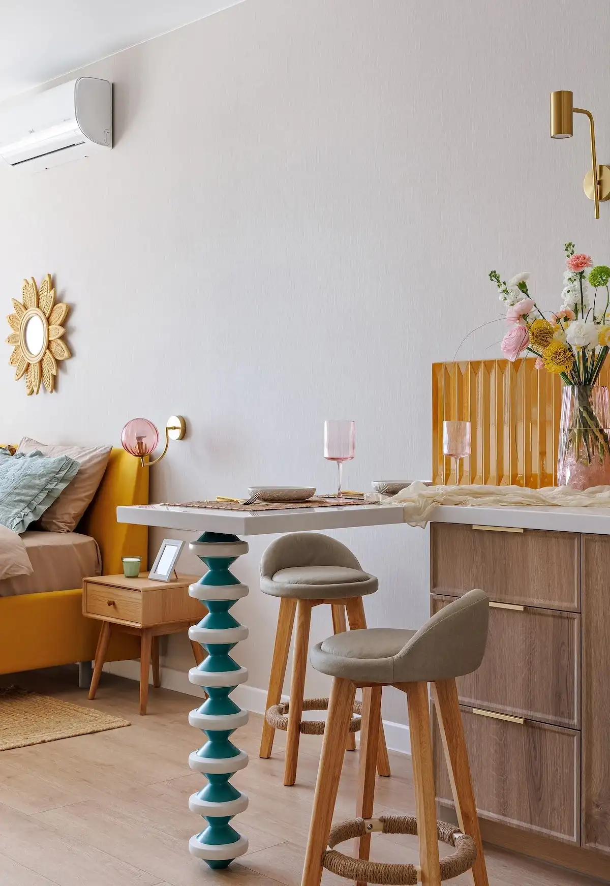 open kitchen in 26sqm studio flat coloured and contemporary decor open kitchen in 26sqm studio flat coloured and contemporary decor