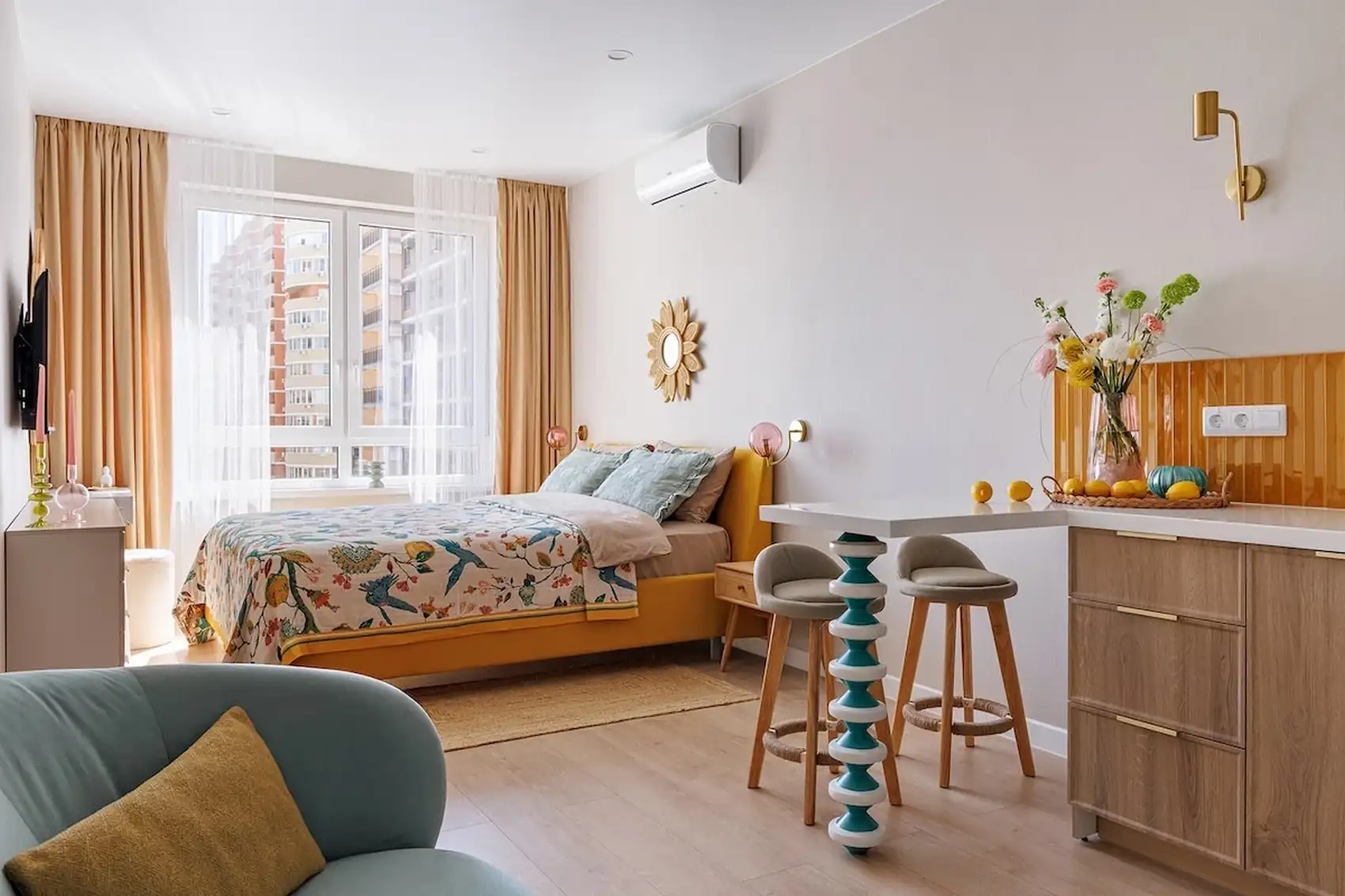 bedroom space and open kitchen in 26sqm studio flat coloured and contemporary decor bedroom space and open kitchen in 26sqm studio flat coloured and contemporary decor