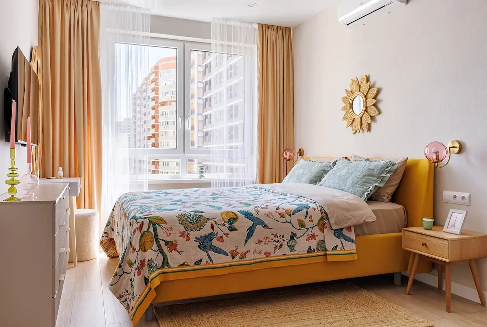 bedroom space with yellow curtains in 26sqm studio flat coloured and contemporary decor bedroom space with yellow curtains in 26sqm studio flat coloured and contemporary decor
