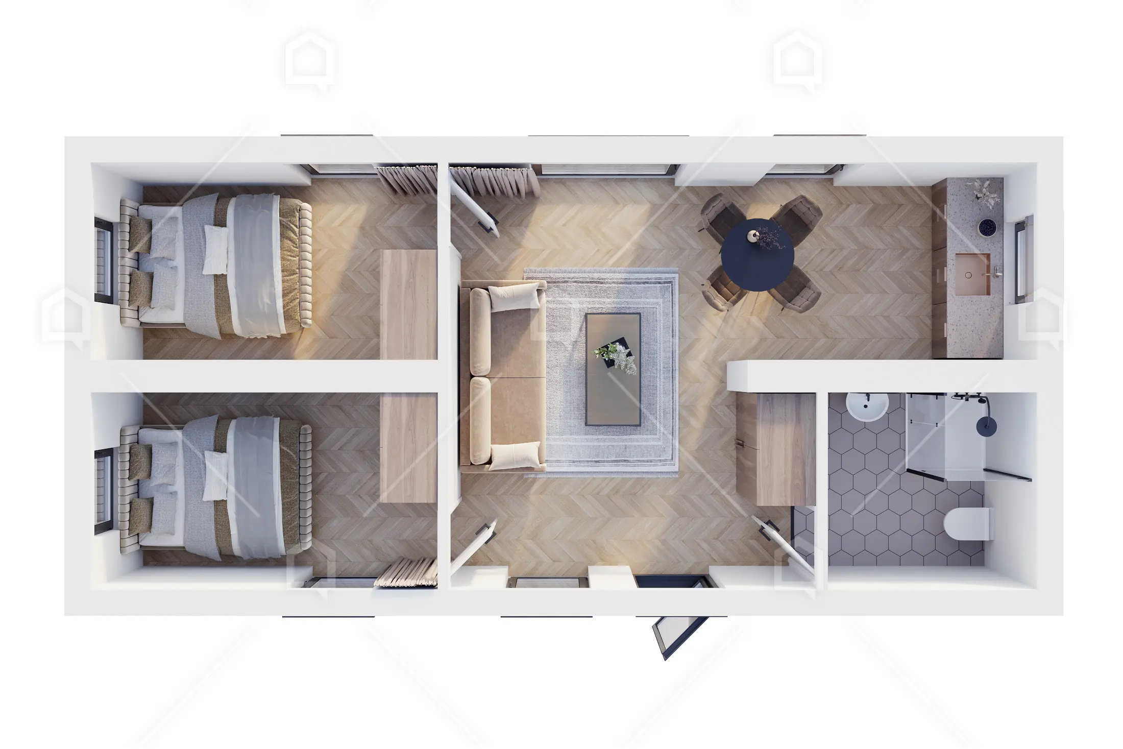 plan 3D petite maison en bois 48m2 toit plat France par Maestro Chalet modèle Atlas