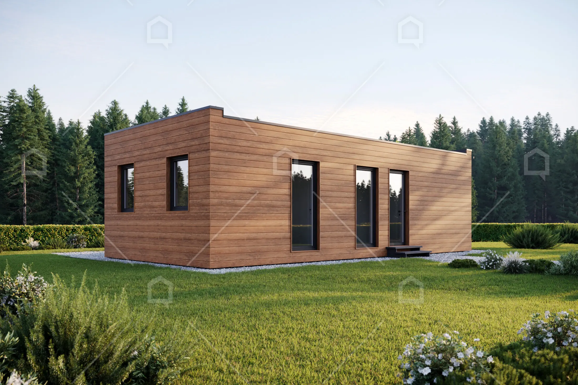 petite maison en bois 48m2 toit plat France par Maestro Chalet modèle Atlas
