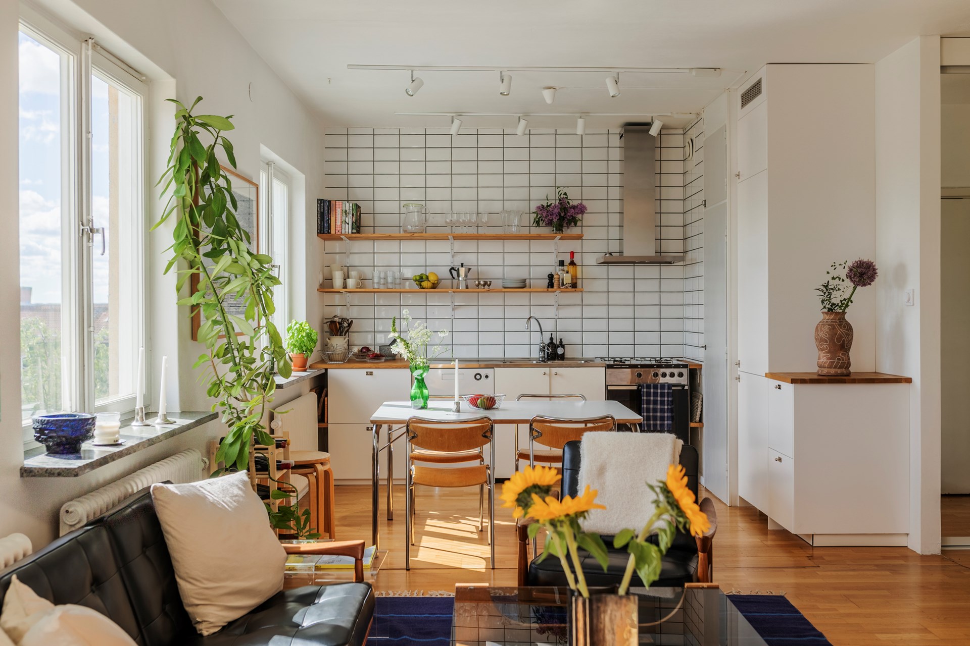 open kitchen living room and dining room 35sqm studio Scandinavian vintage decor