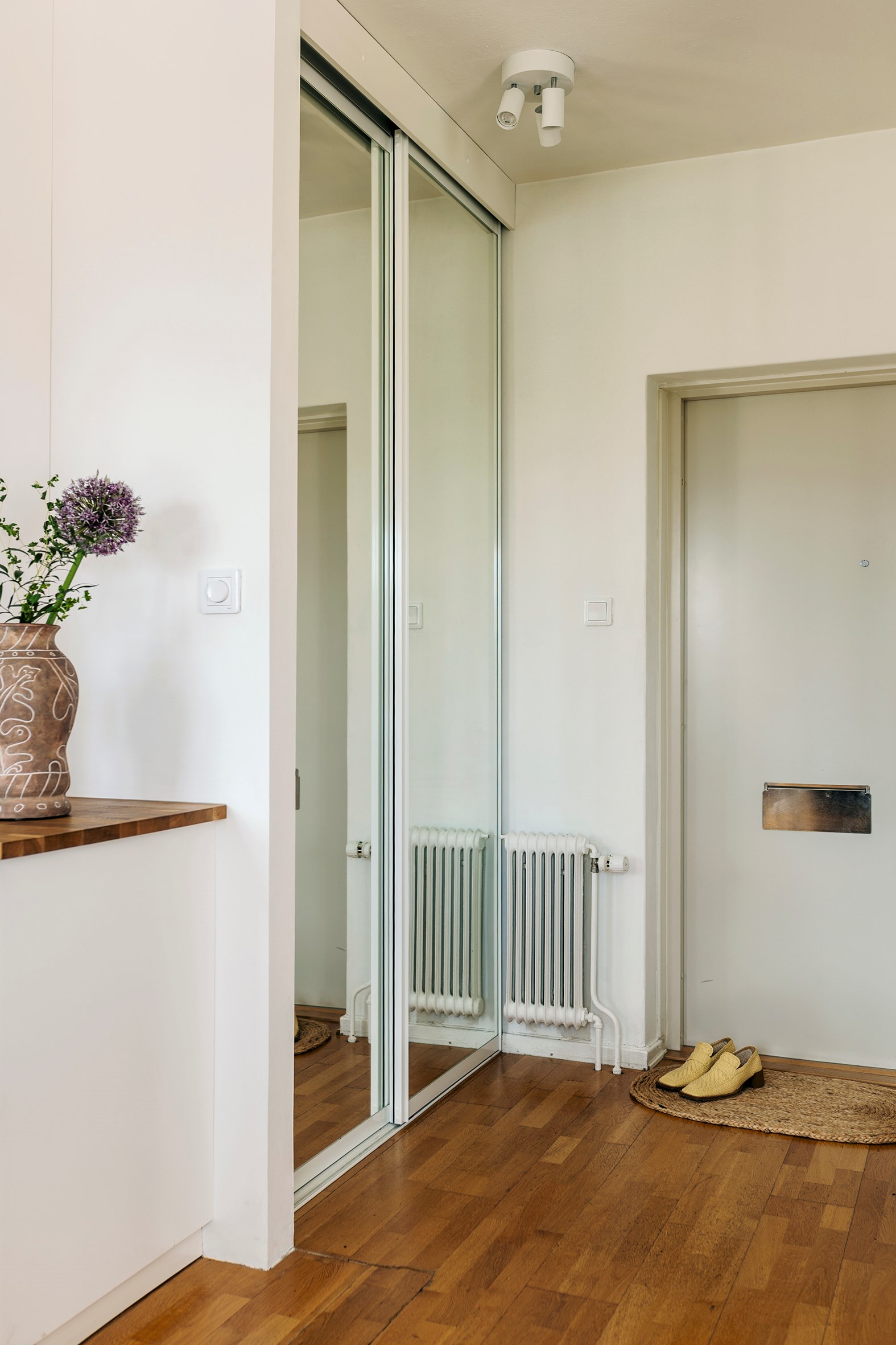 entryway with mirrored cupboards