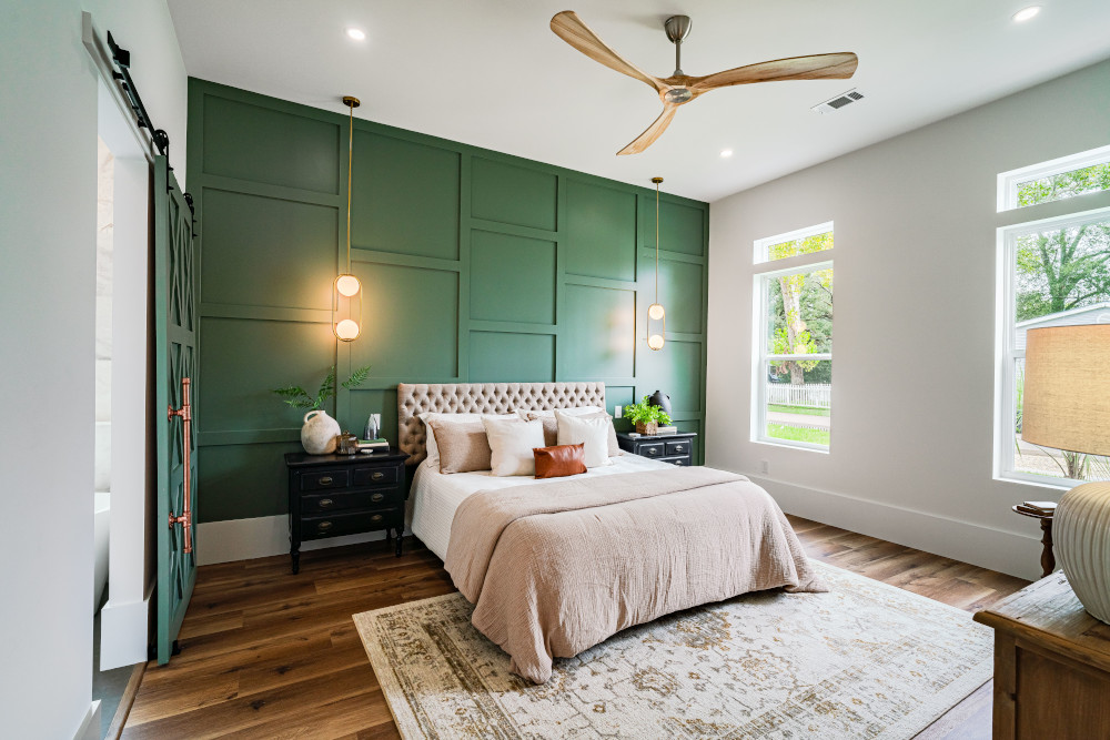 chambre mur vert ventilateur de plafond