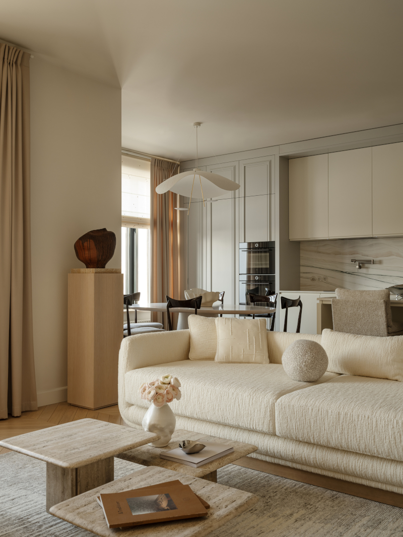 cuisine ouverte et salon décoration contemporaine beige appartement 140m2 cuisine ouverte et salon décoration contemporaine beige appartement 140m2
