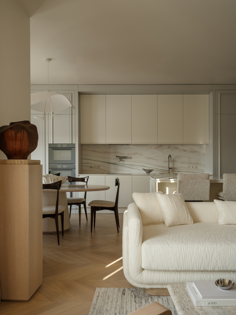 cuisine ouverte et salon décoration contemporaine beige appartement 140m2 cuisine ouverte et salon décoration contemporaine beige appartement 140m2